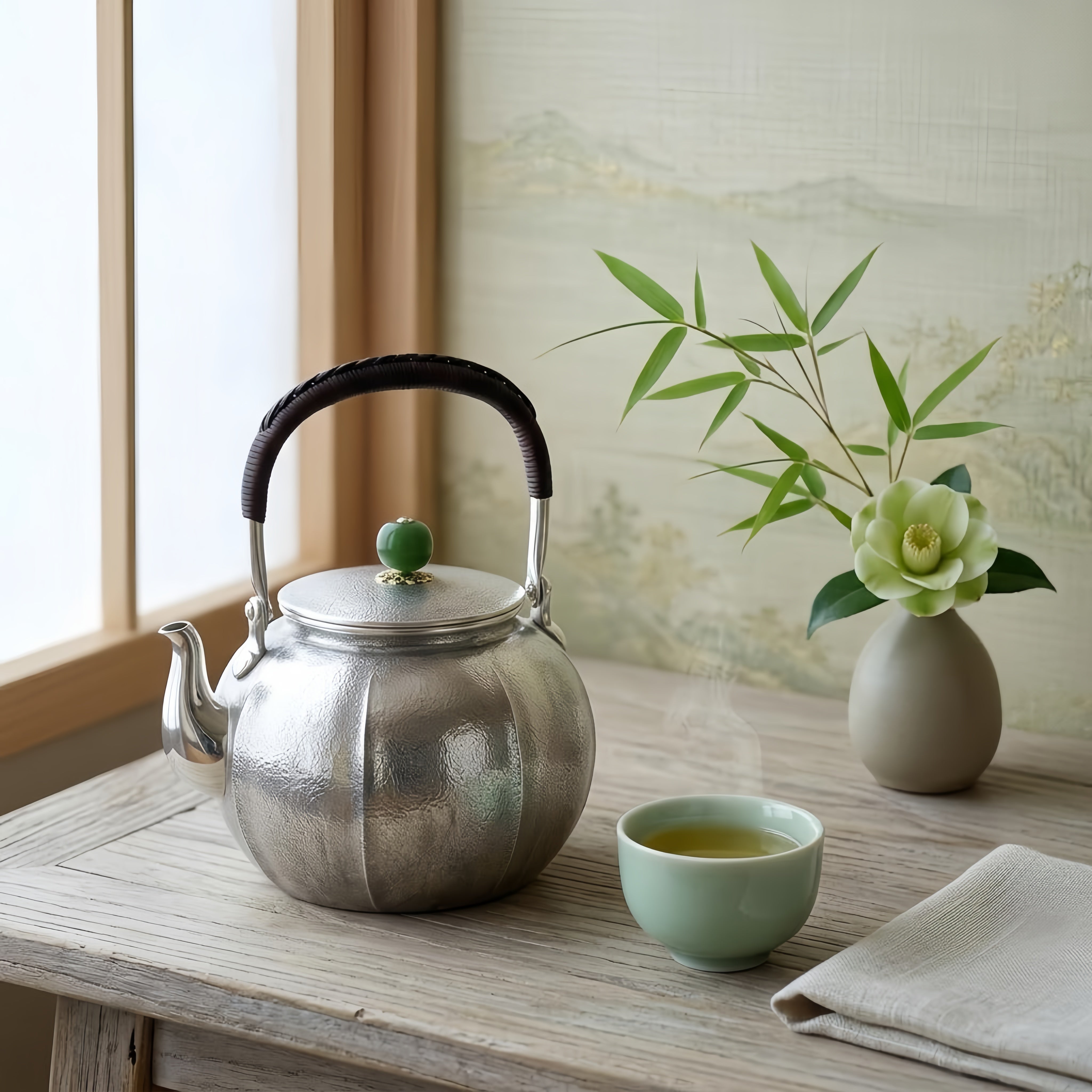 Pure 999 Fine Silver Handcrafted Hammered Silver Teapot with Jade Finial and Rattan Handle - Handicraft