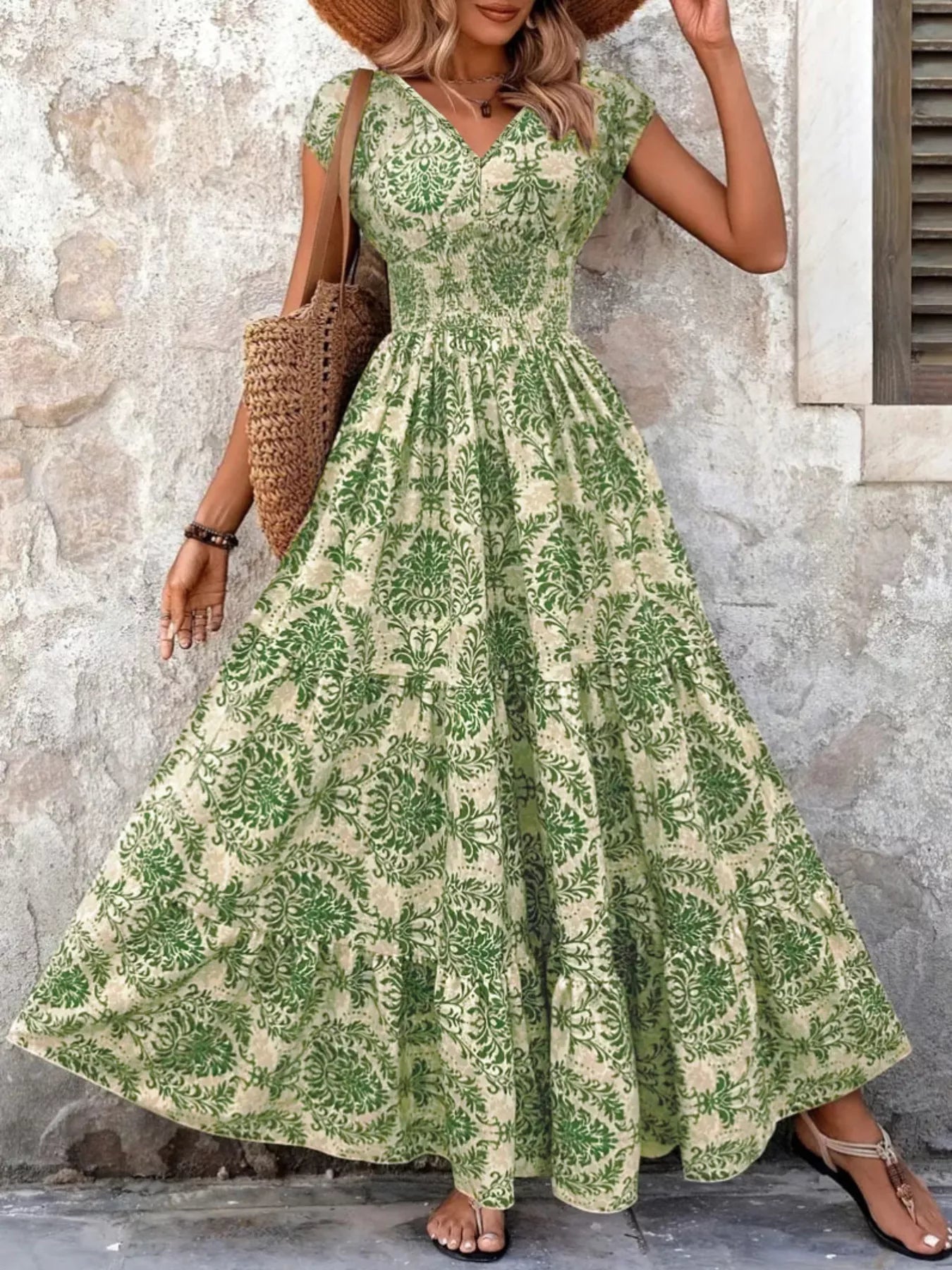 Full Size Printed V-Neck Tiered Maxi Dress Plus Size