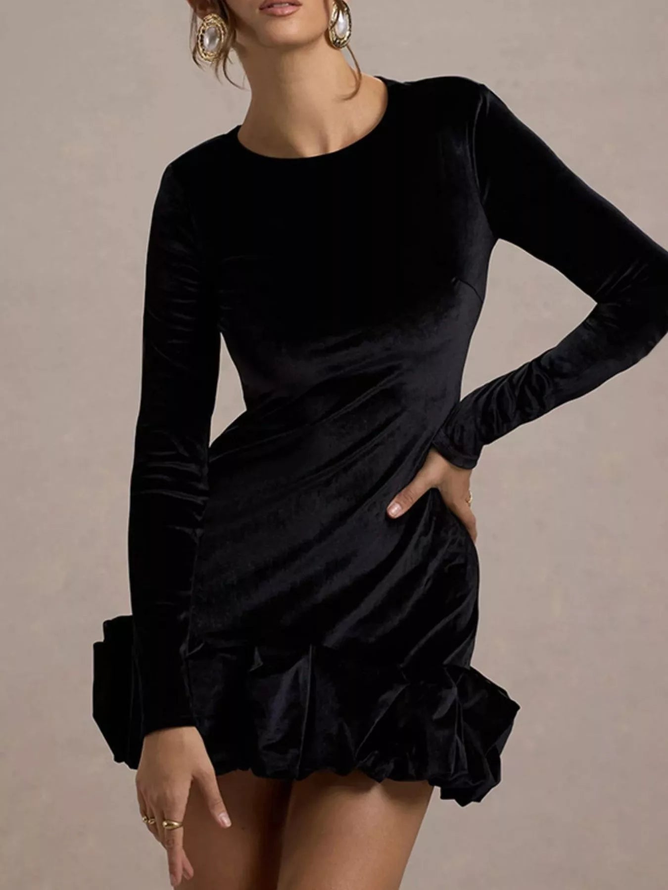 Velvet Ruched Hem Long Sleeve Dress