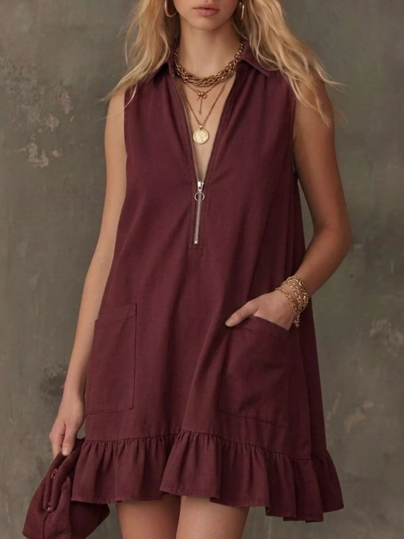 Sleeveless Collared Zip-Front Ruffle Hem Dress