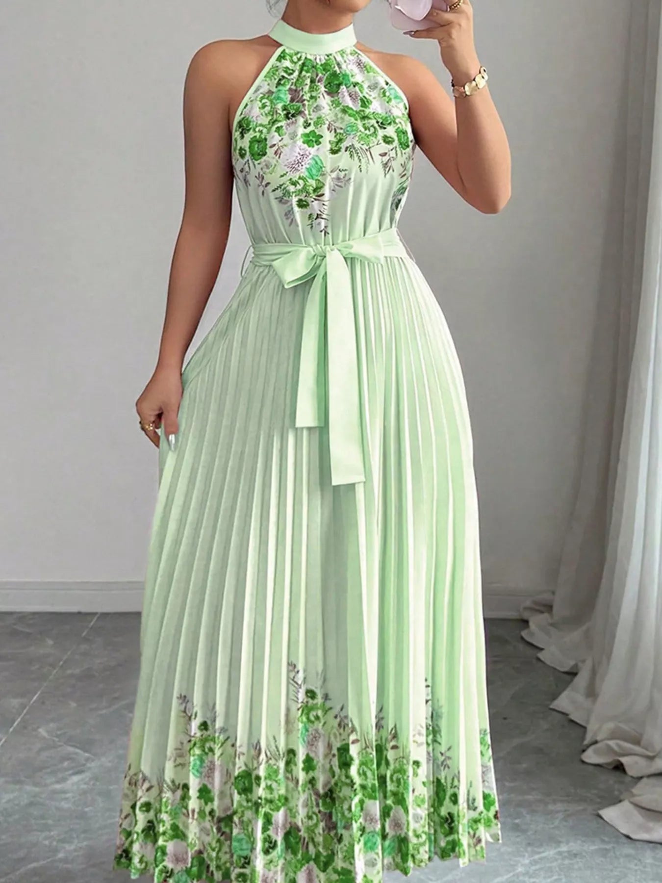 Halter Neck Floral Print Pleated Maxi Dress