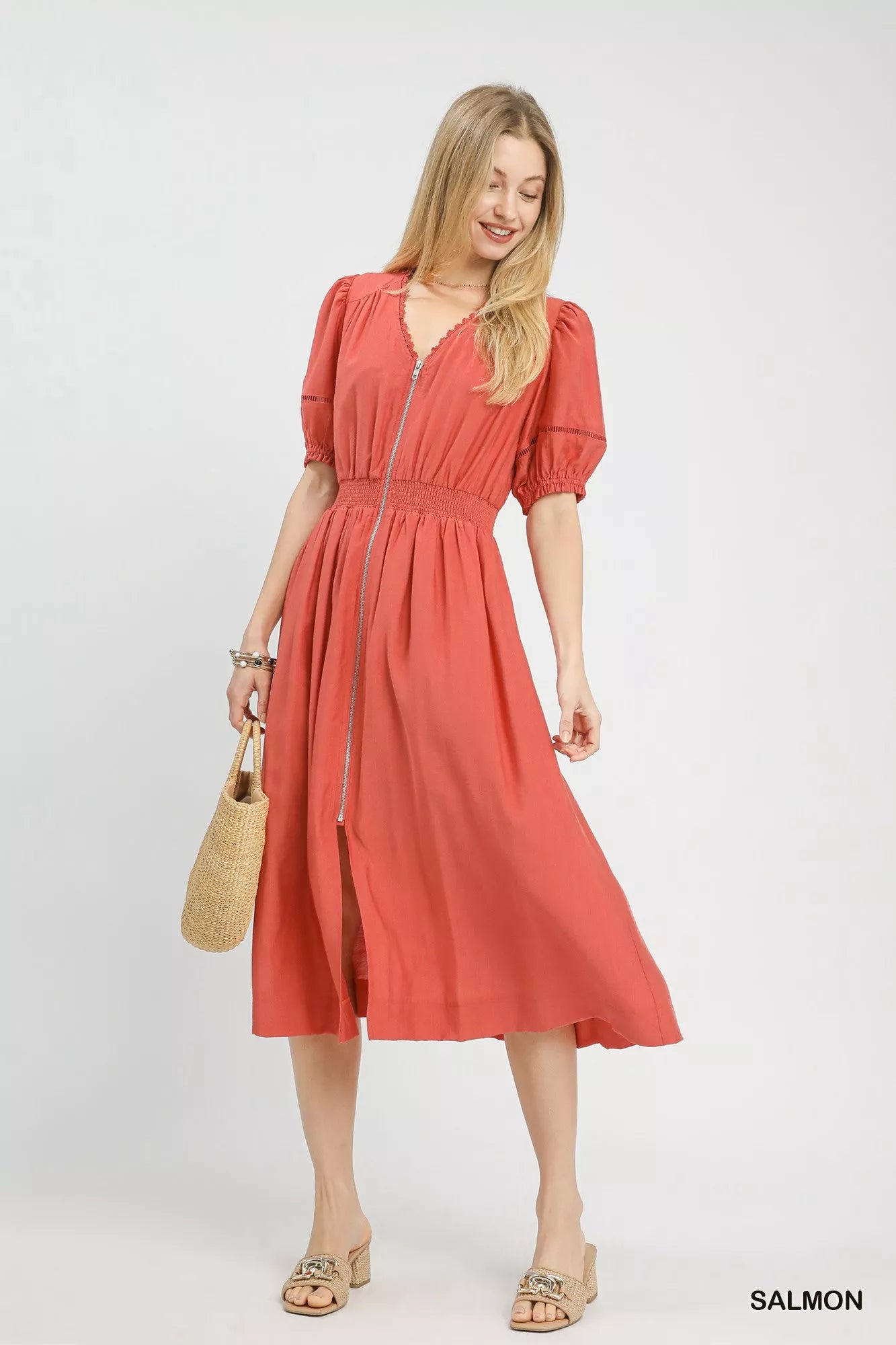 Umgee Zip-Front Smocked Waist Midi Dress
