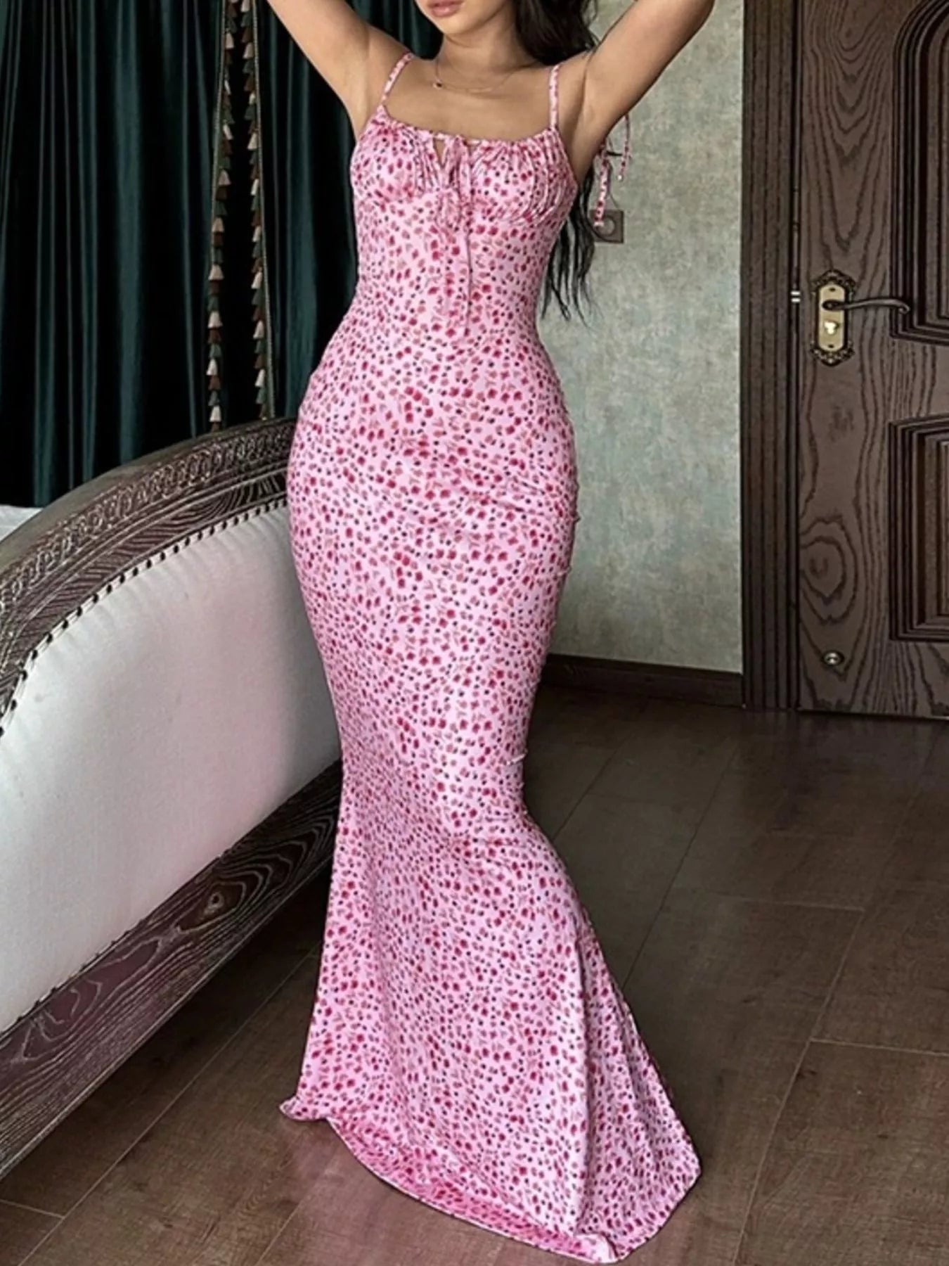 Floral Print Tie Strap Bodycon Maxi Dress