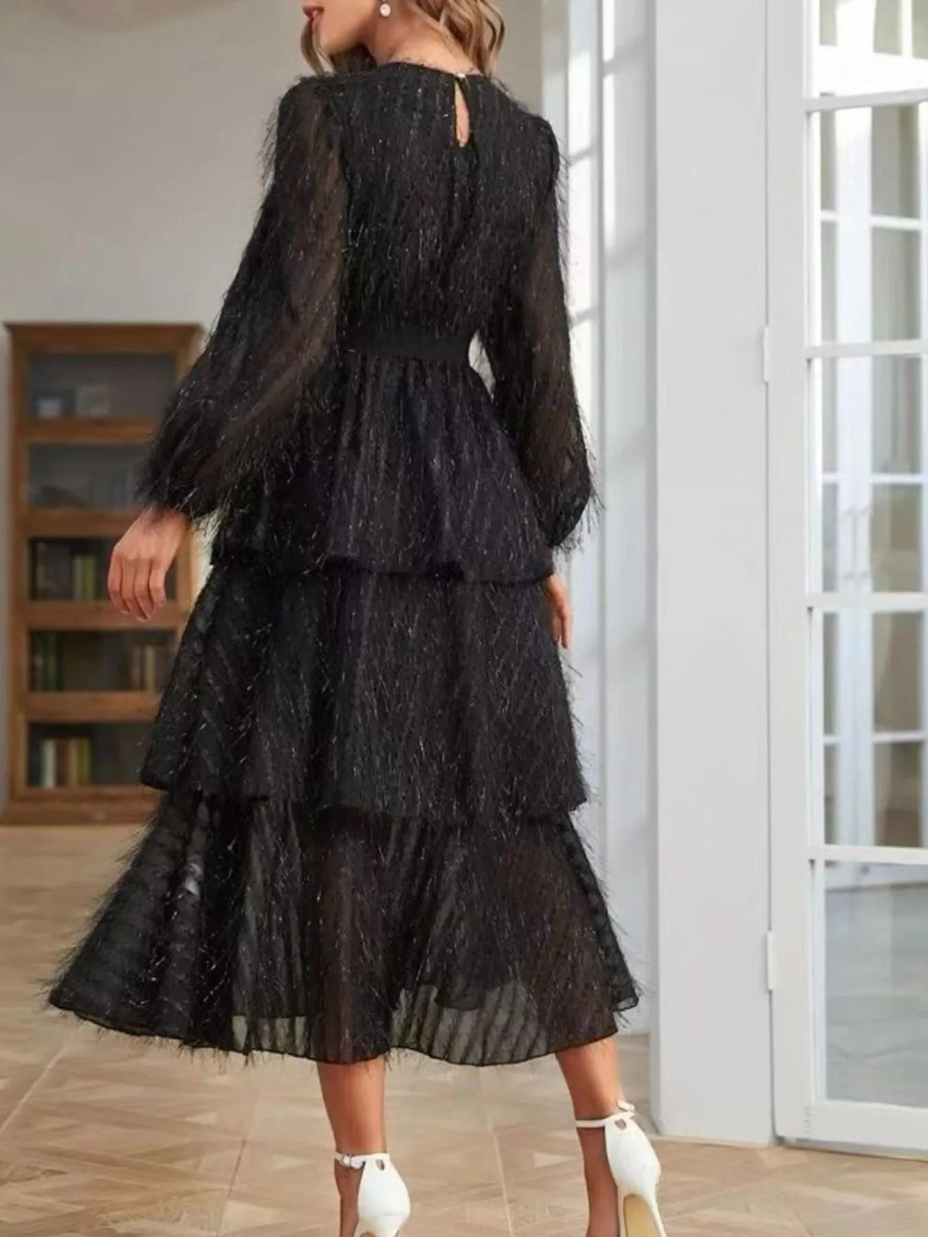 Full Size Layered Balloon Sleeve Midi Dress Plus Size