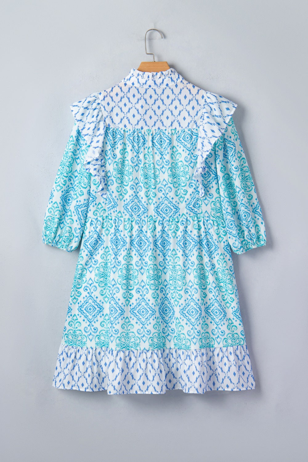 Floral Geometric Patchwork Ruffle Detail Puff Sleeve Mini Dress