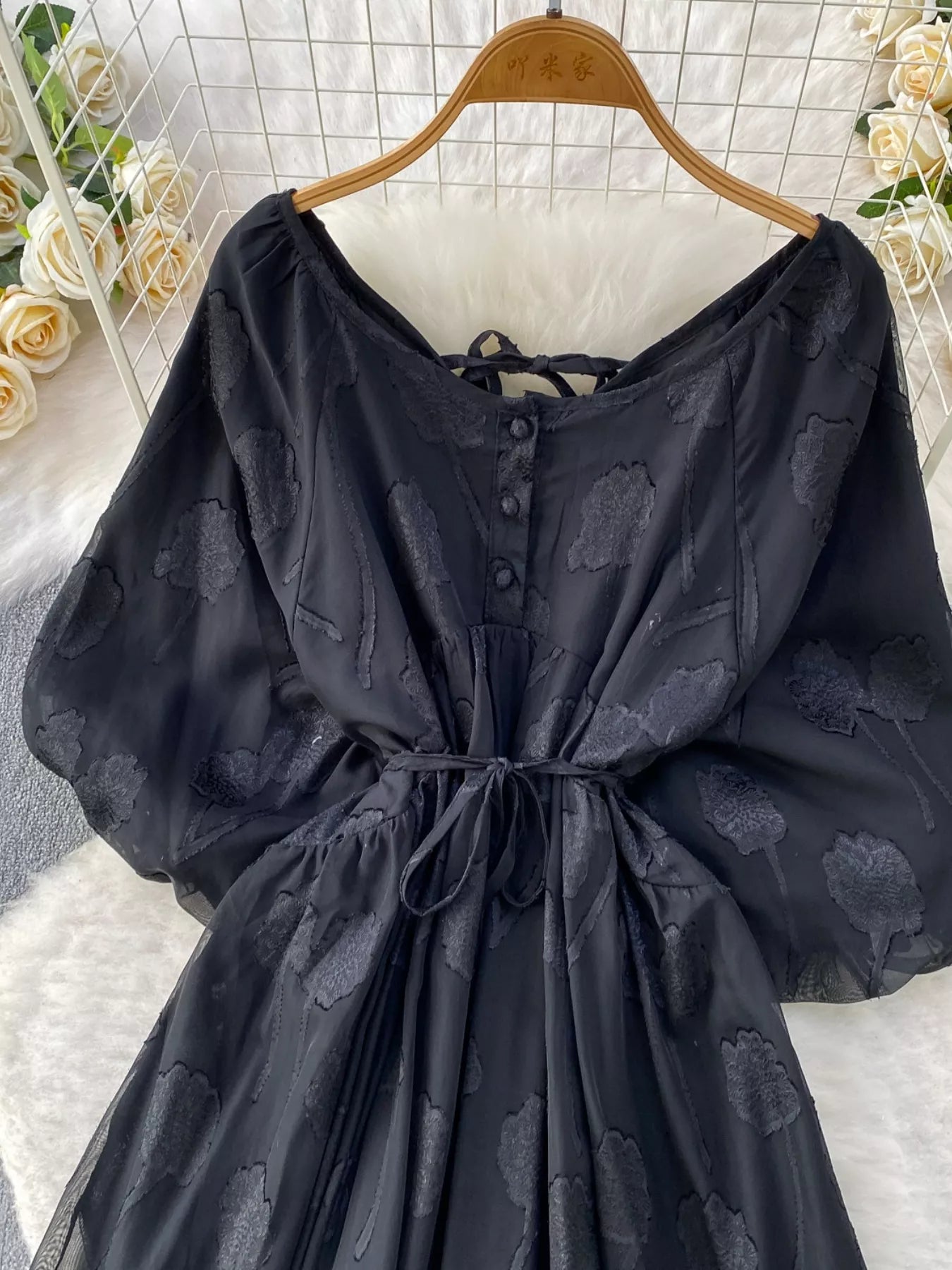 Button Front Puff Sleeve Chiffon Dress