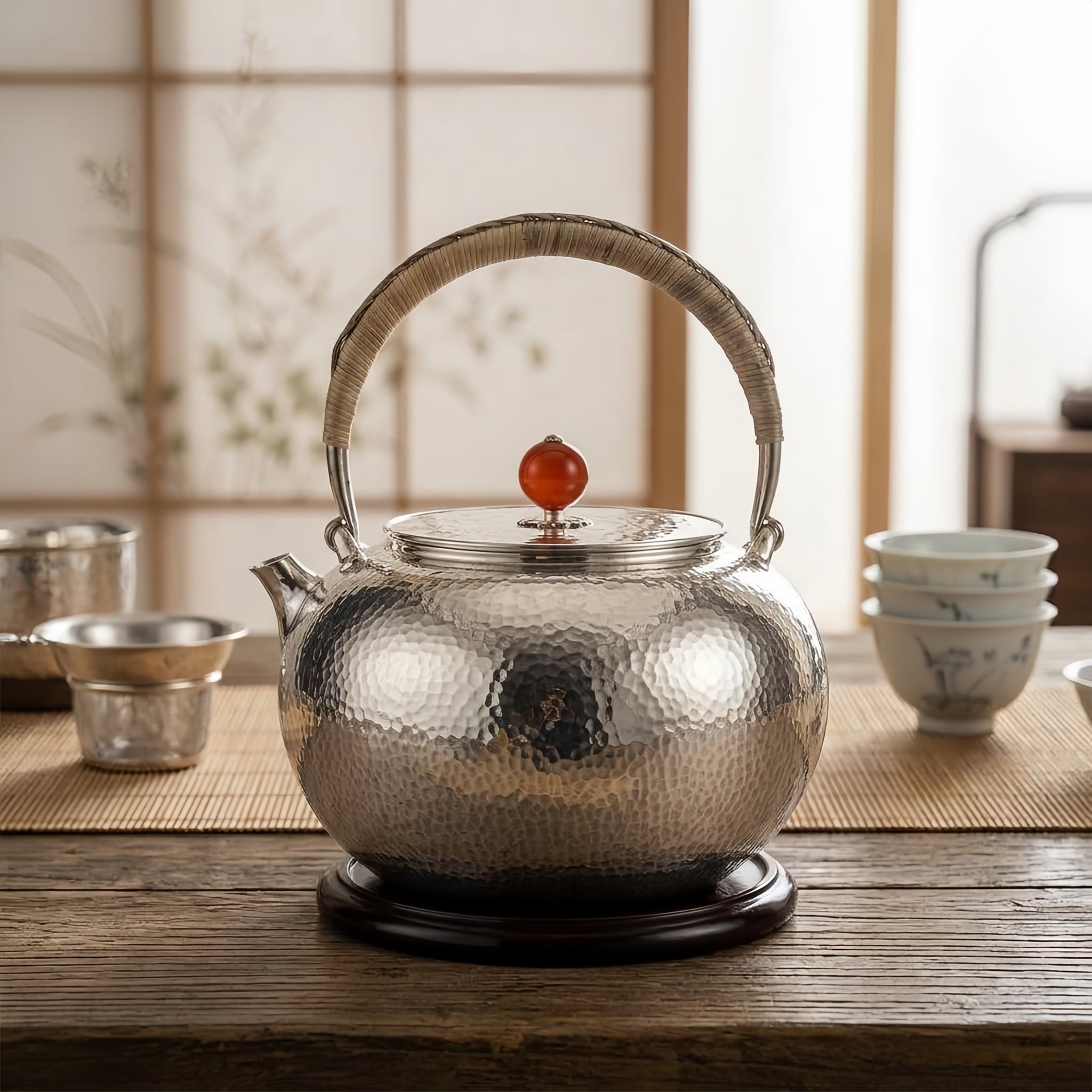 925 Sterling Silver Handcrafted Hammered Silver Teapot with Rattan Handle and Red Agate Finial - Handicraft