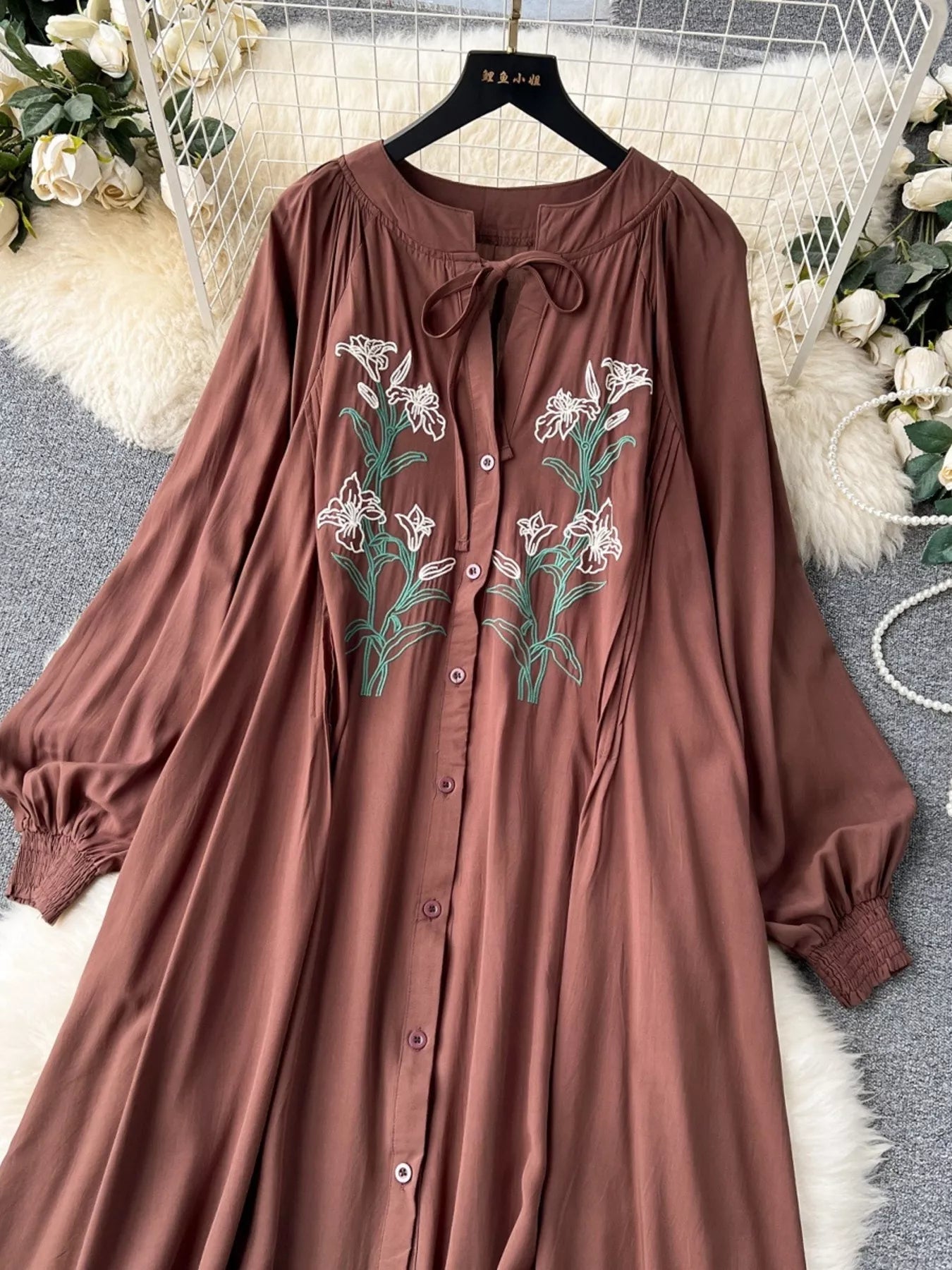Floral Button Front Long Sleeve Dress