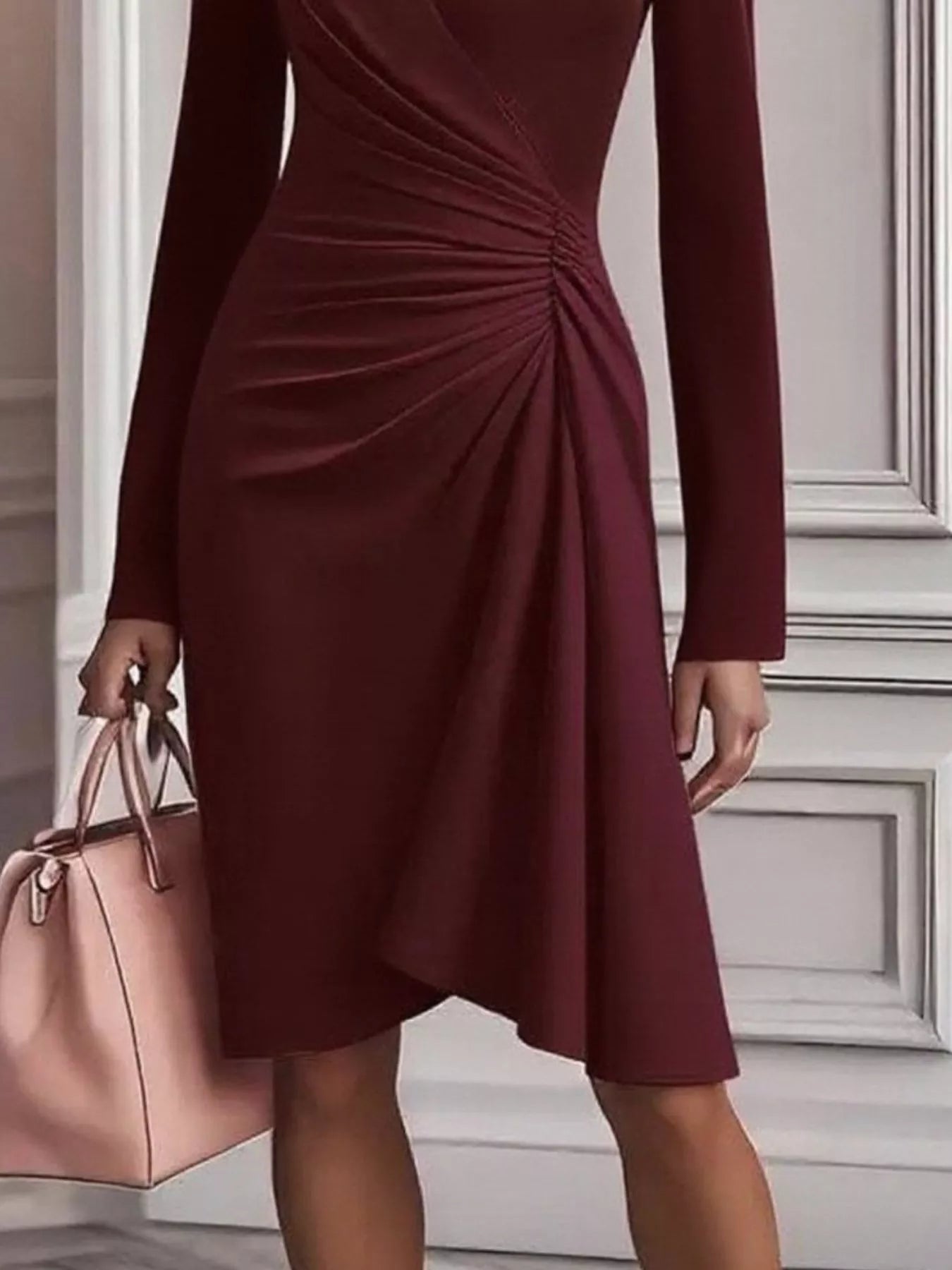 Front Ruched V-Neck Long Sleeve Dress