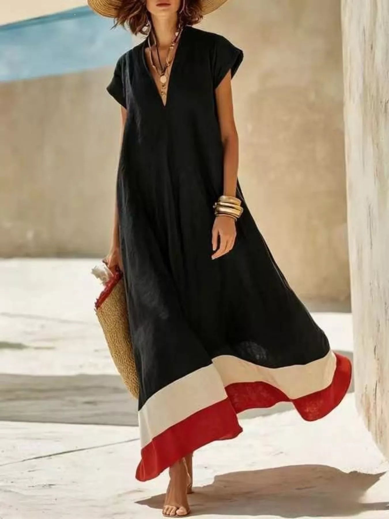 Color Block Hem V-Neck Maxi Dress