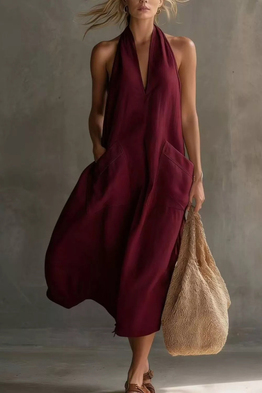 Casual Halter Neck Pocket Midi Dress