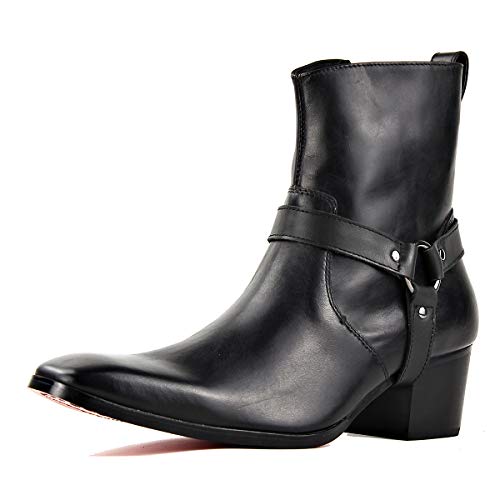 OSSTONE Men Chelsea Ankle Boots Leather Heeled Boots With Side Zipper Cuban Heel Dress Boots Disco Shoes OZ-JY002-black-belt