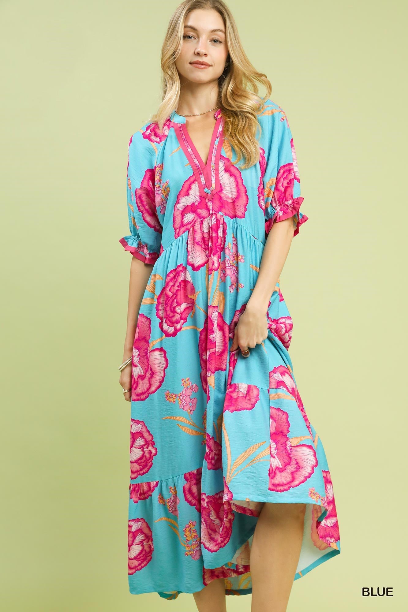 Umgee Floral Print Midi Dress with Contrast Trim