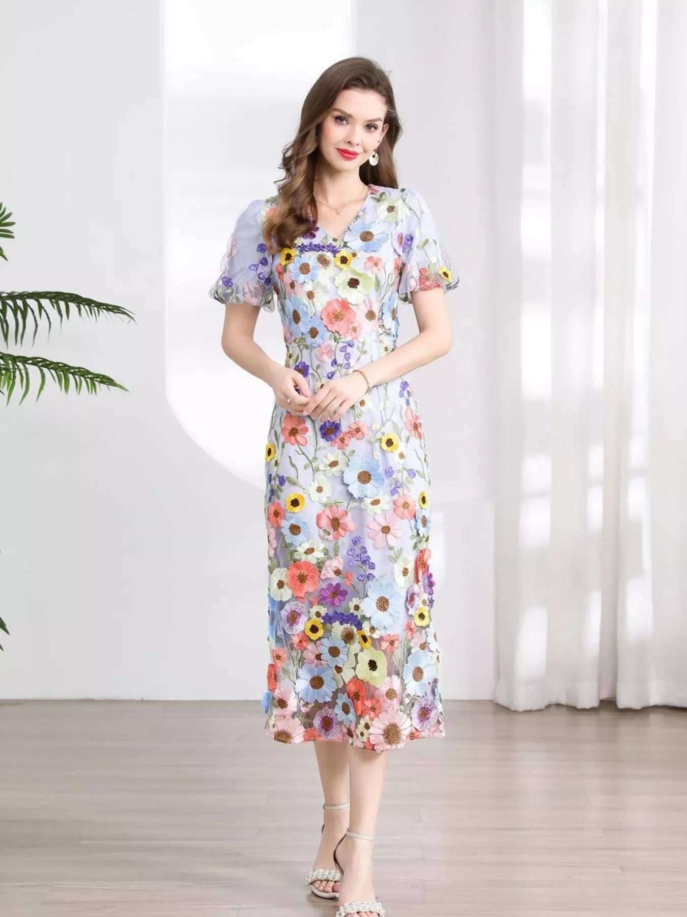 Floral Embroidered Puff Sleeve Midi Dress