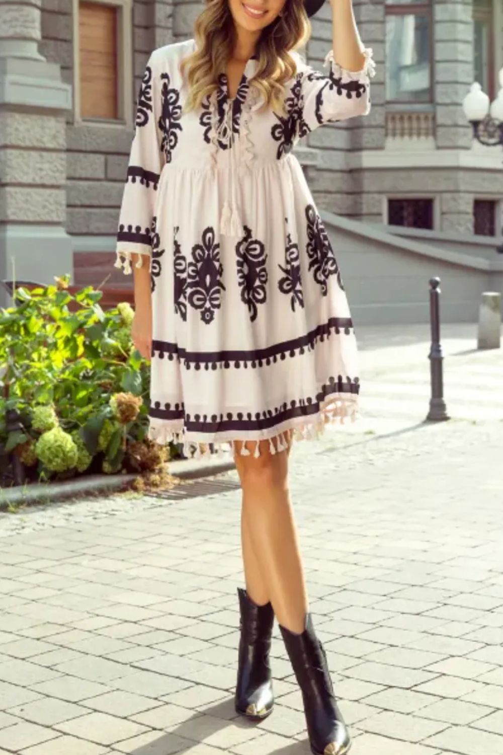 Tassel Hem 3/4 Sleeve Mini Dress