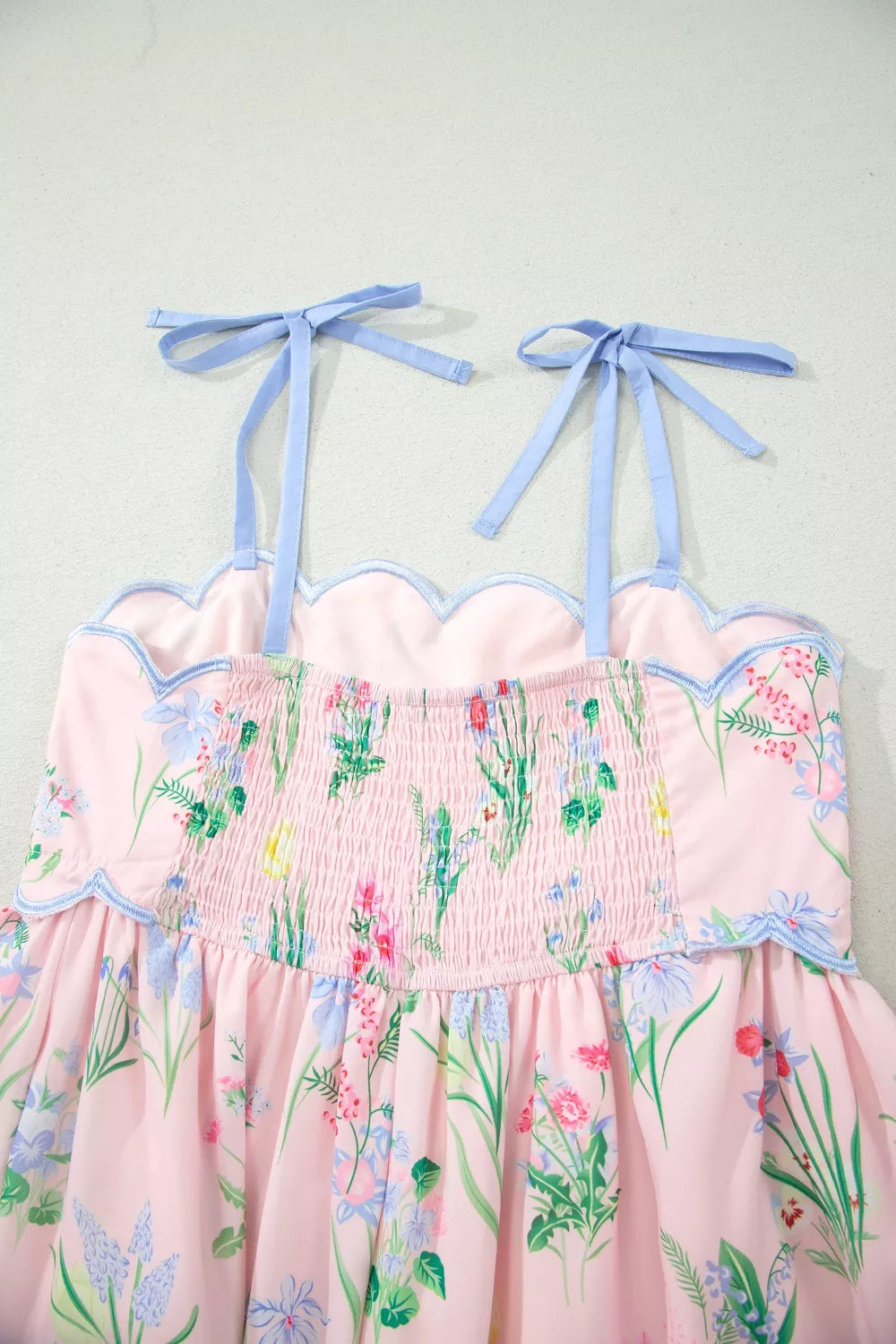 Floral Print Contrast Trim Self-tie Straps High Waist Midi Dress