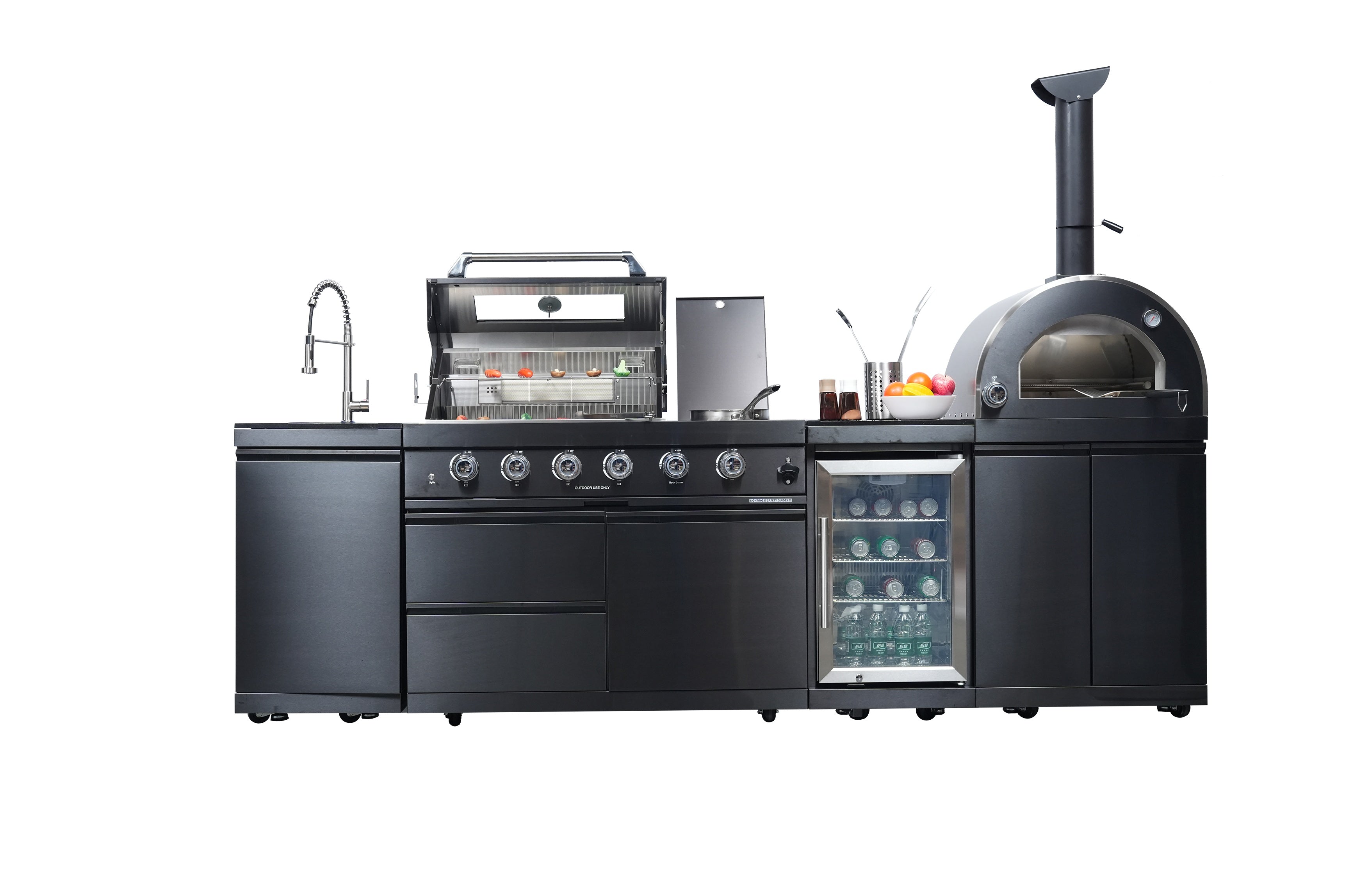 Black 112-Inch Stainless Steel Gas Outdoor Kitchen Barbecue Grill