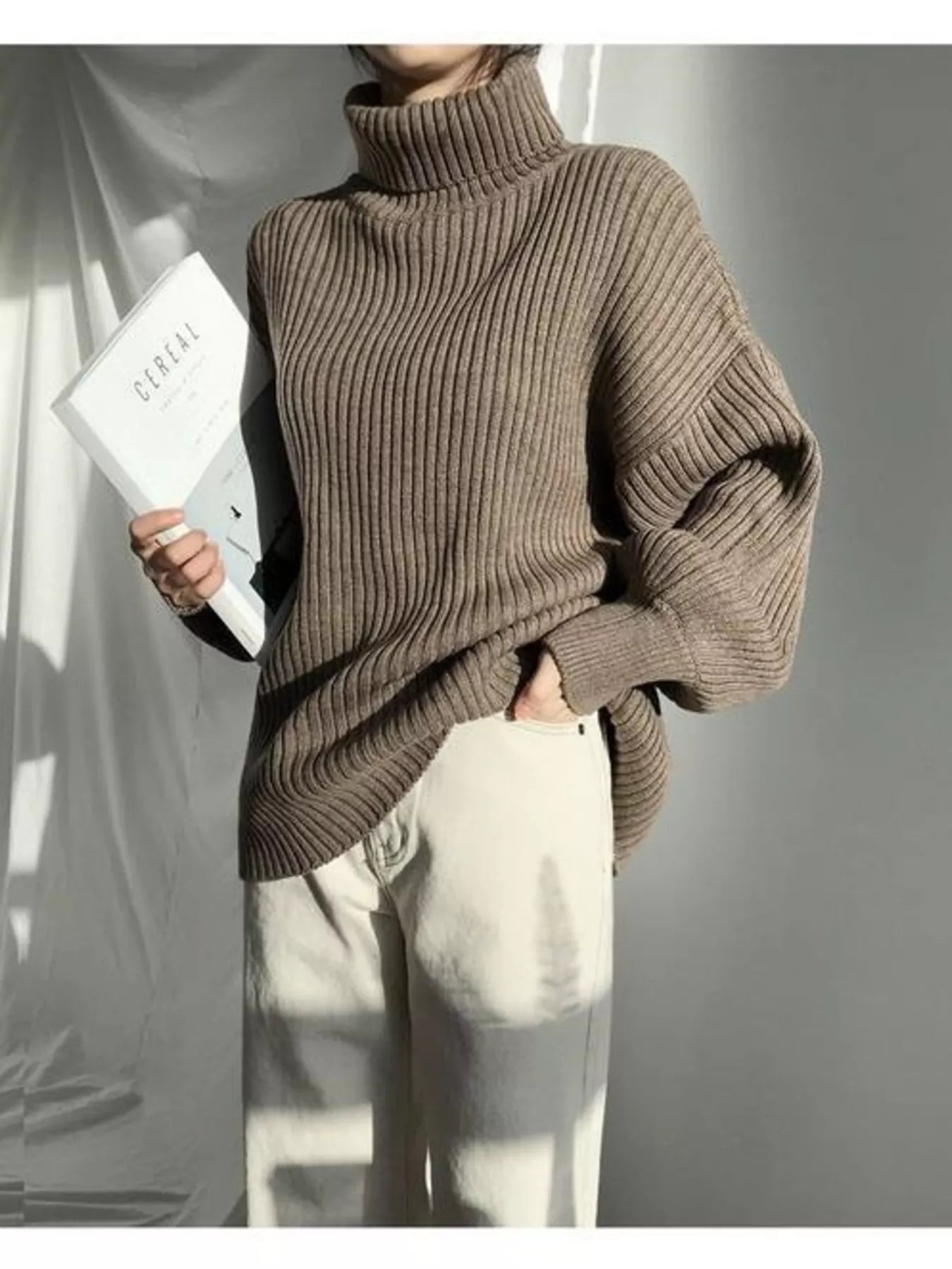 Oversized Turtleneck Ribbed Knit Sweater