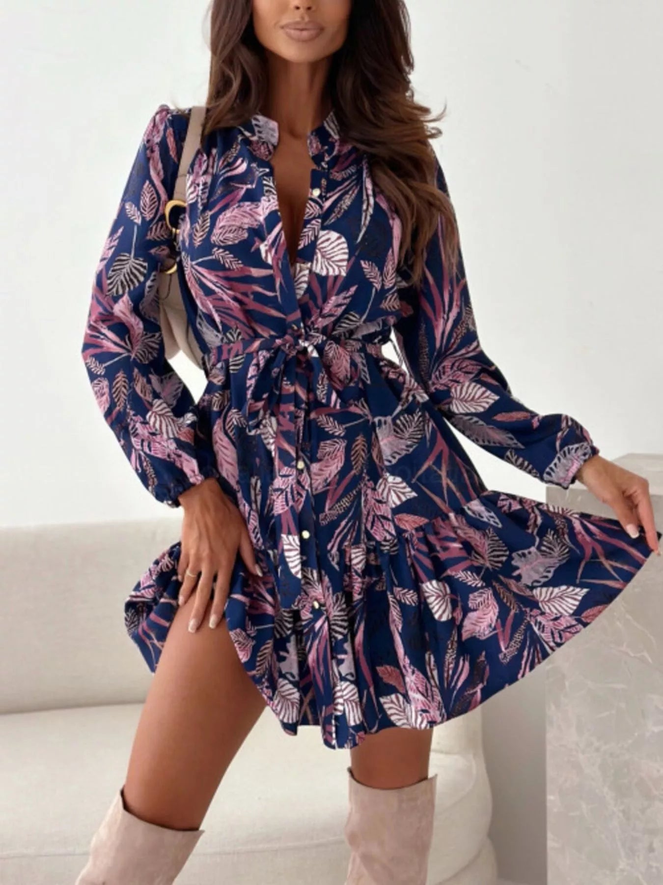 Floral Print Tie Waist Mini Dress