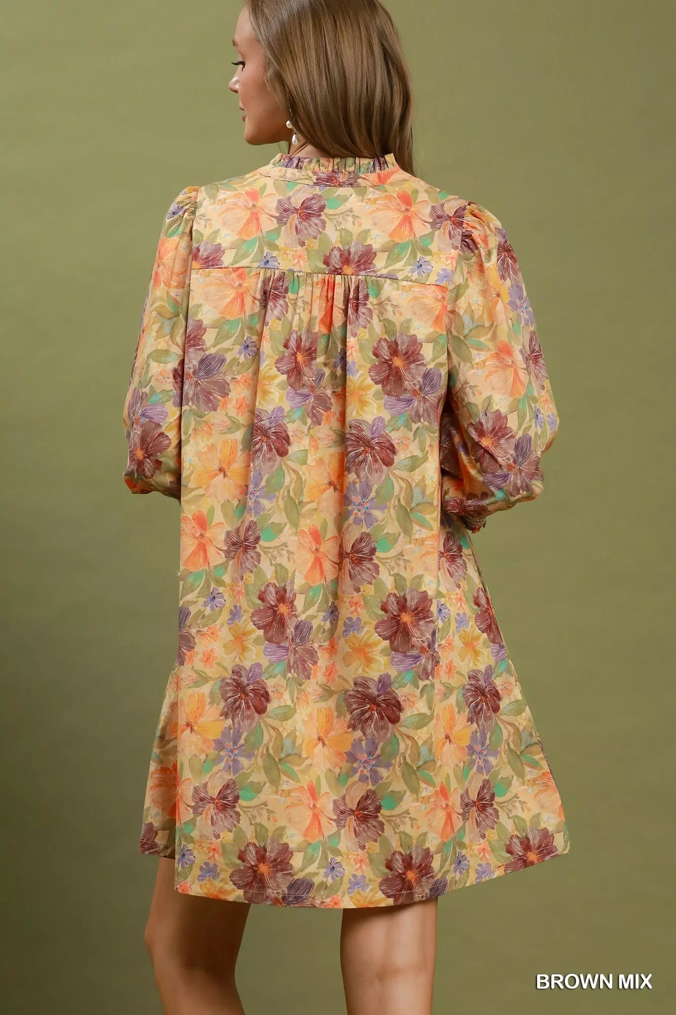 Umgee Mix Floral Print Smocked Cuff Mini Dress