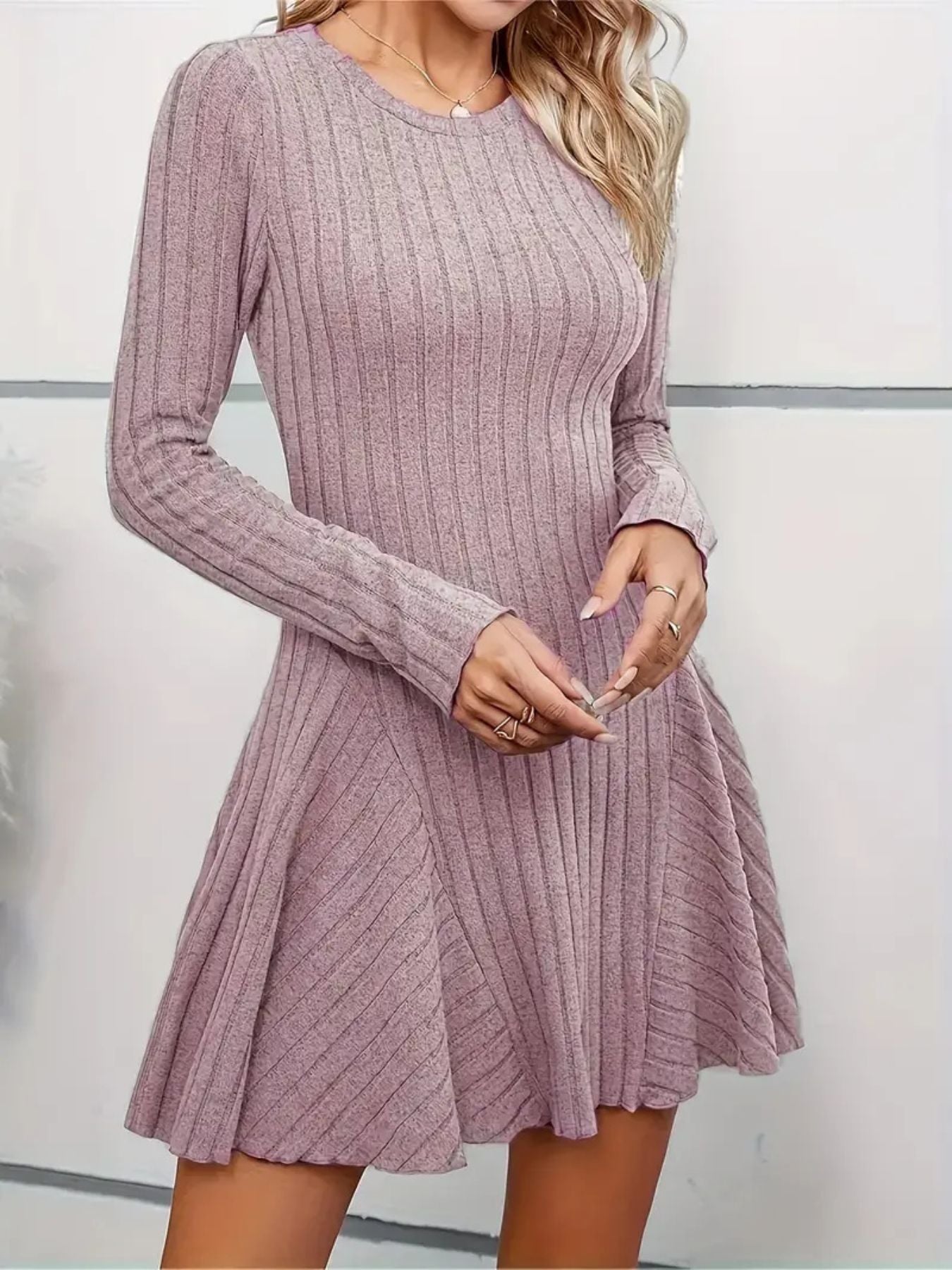 Ribbed Knit Long Sleeve A-Line Dress