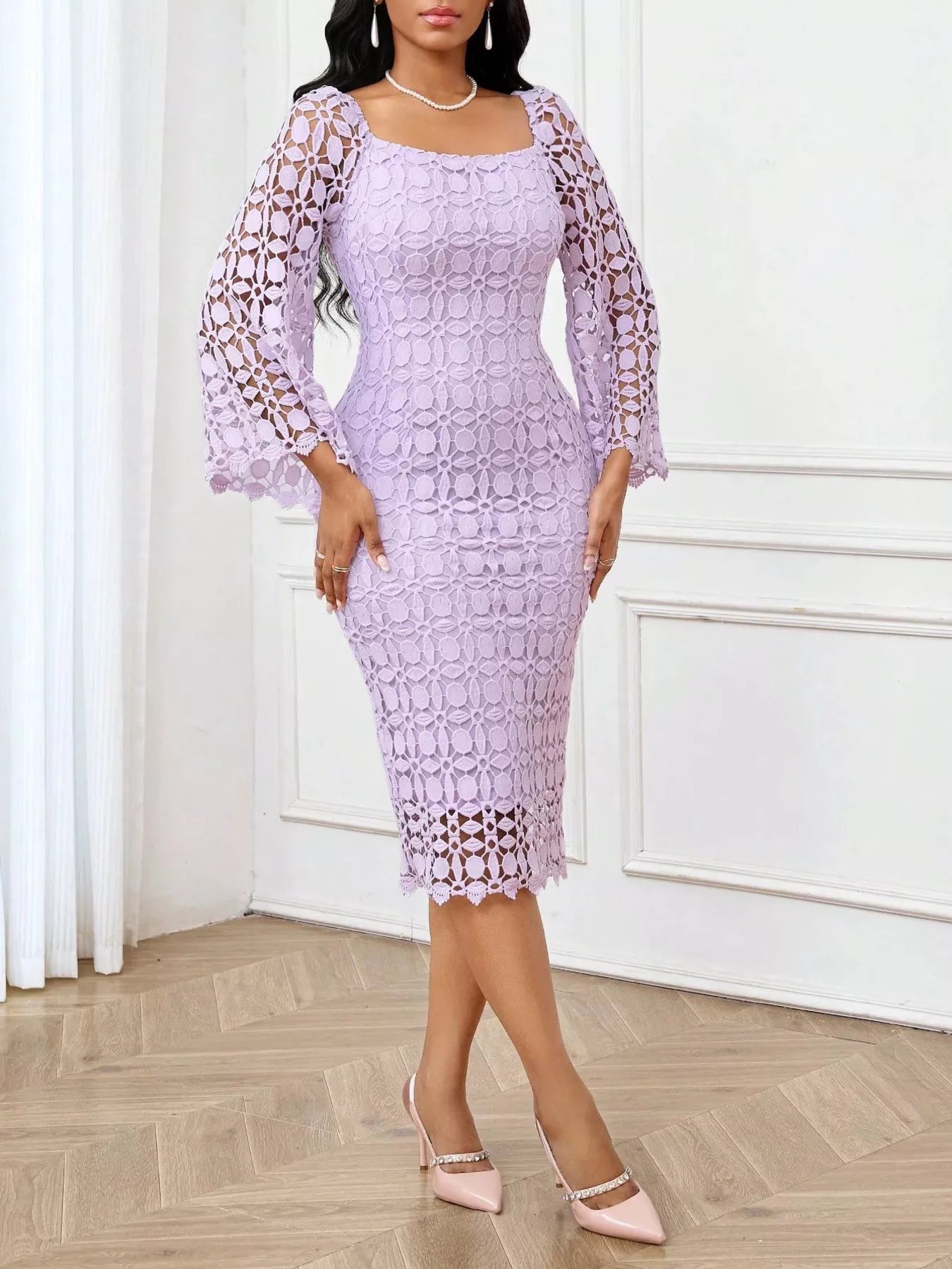 Lace Square Neck Midi Dress