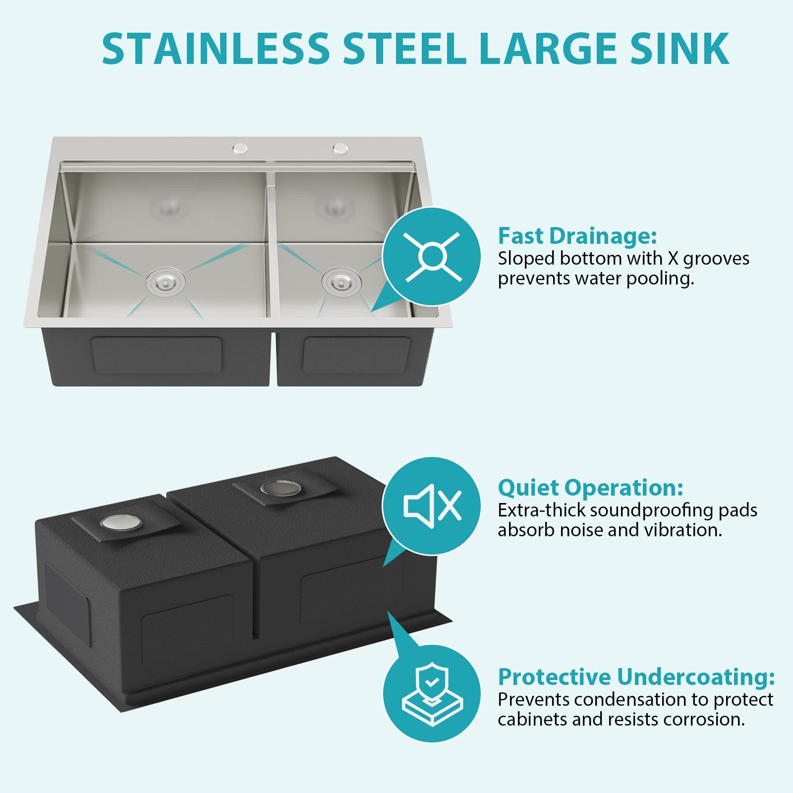 Topmount Drop-In Kitchen Sink - 33"x22" Double Bowl