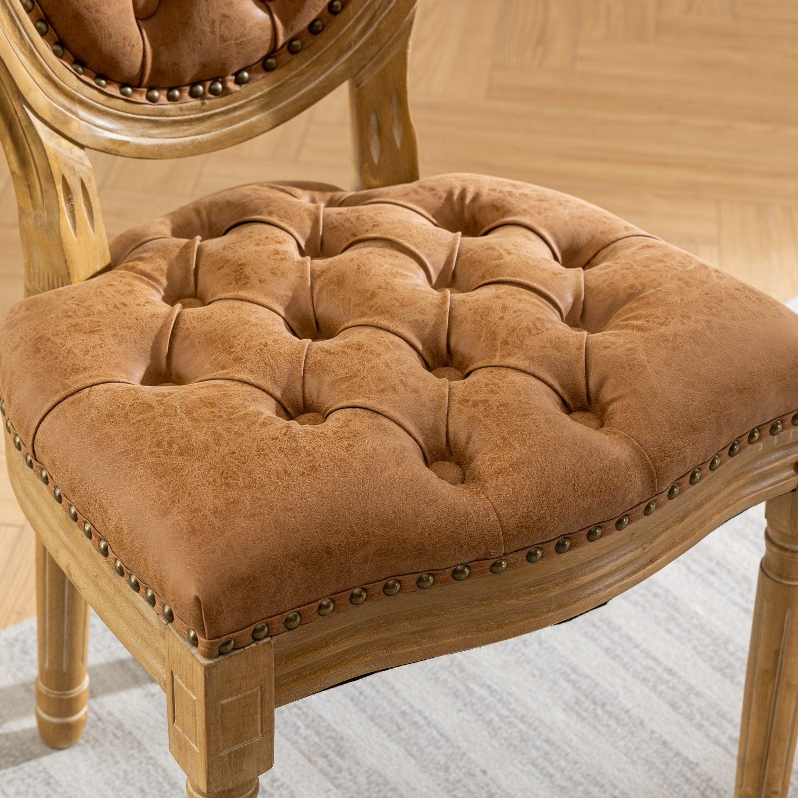 French Style Solid Wood Frame Antique Painting, Hand-Pulled Buckle Decoration Artificial Dining Chair With Nailhead Trim, Wood Legs