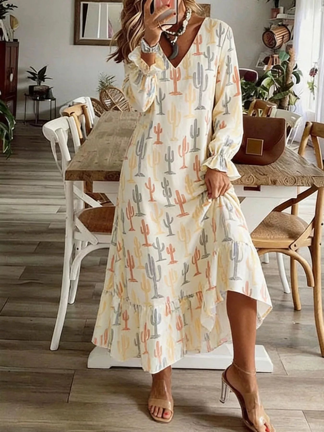V-Neck Flounce Sleeve Dress