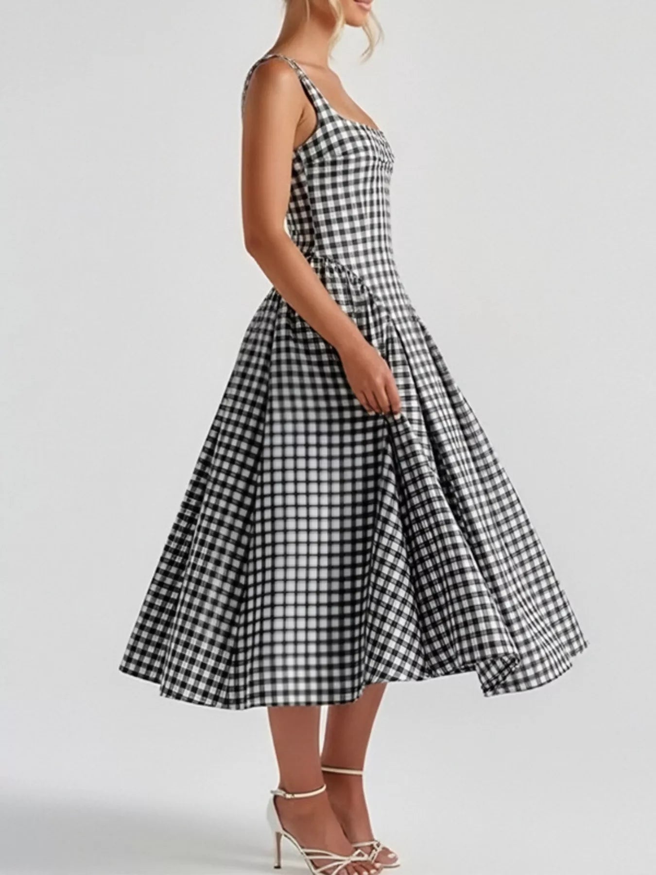 Full Size Plaid Square Neckline Midi Dress Plus Size