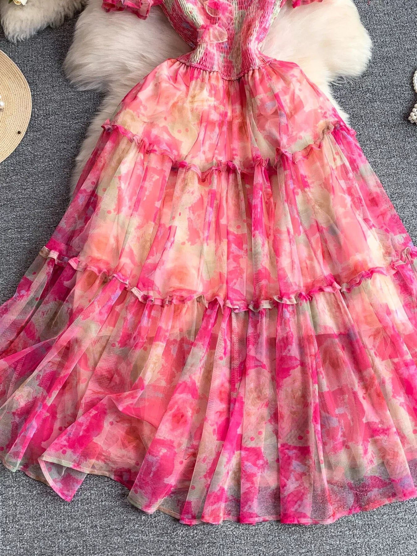 Smocked Floral Tiered Mesh Midi Dress