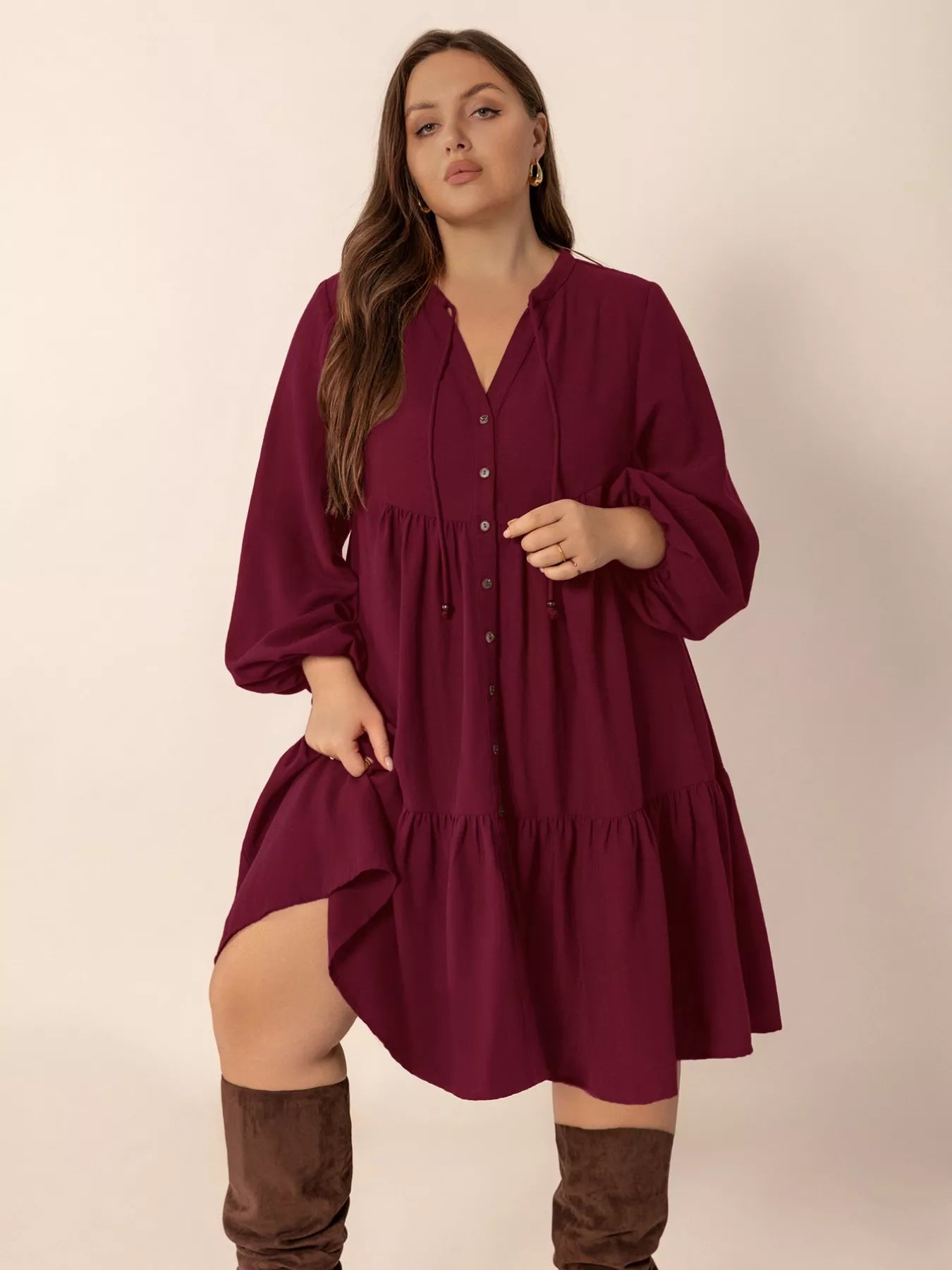 Plus Size Button Front Balloon Sleeve Dress
