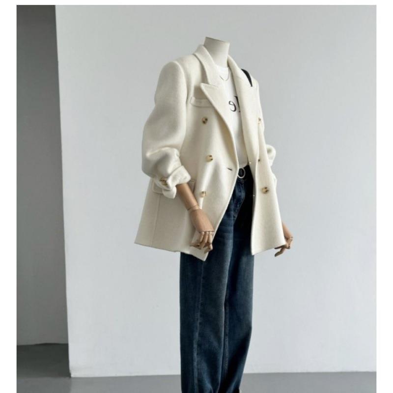 Womens Solid-Color Short Loose-Fit Double-Faced Cashmere Coat