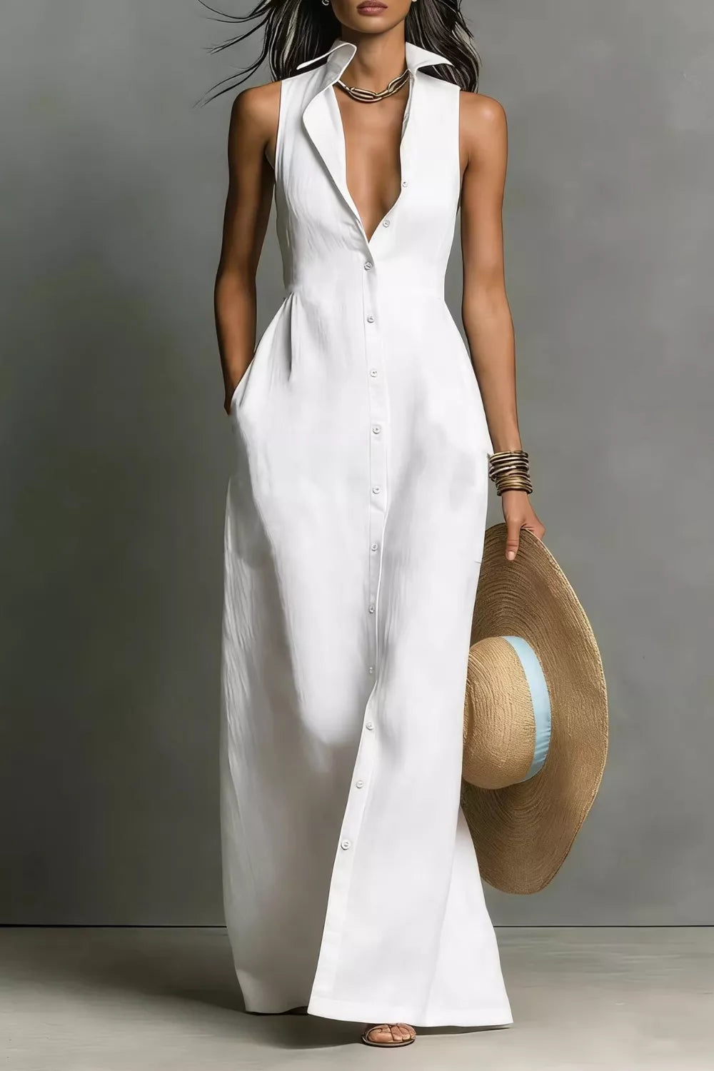 Sleeveless Button-Down Maxi Dress