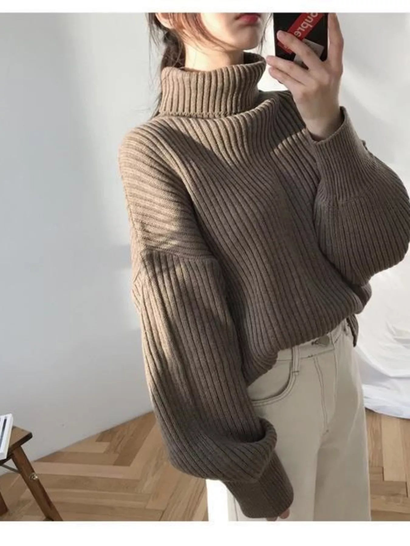 Oversized Turtleneck Ribbed Knit Sweater