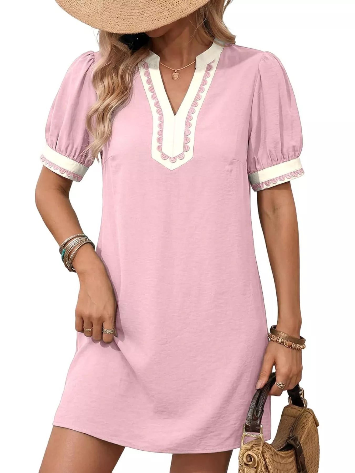 Notched Puff Sleeve Mini Dress