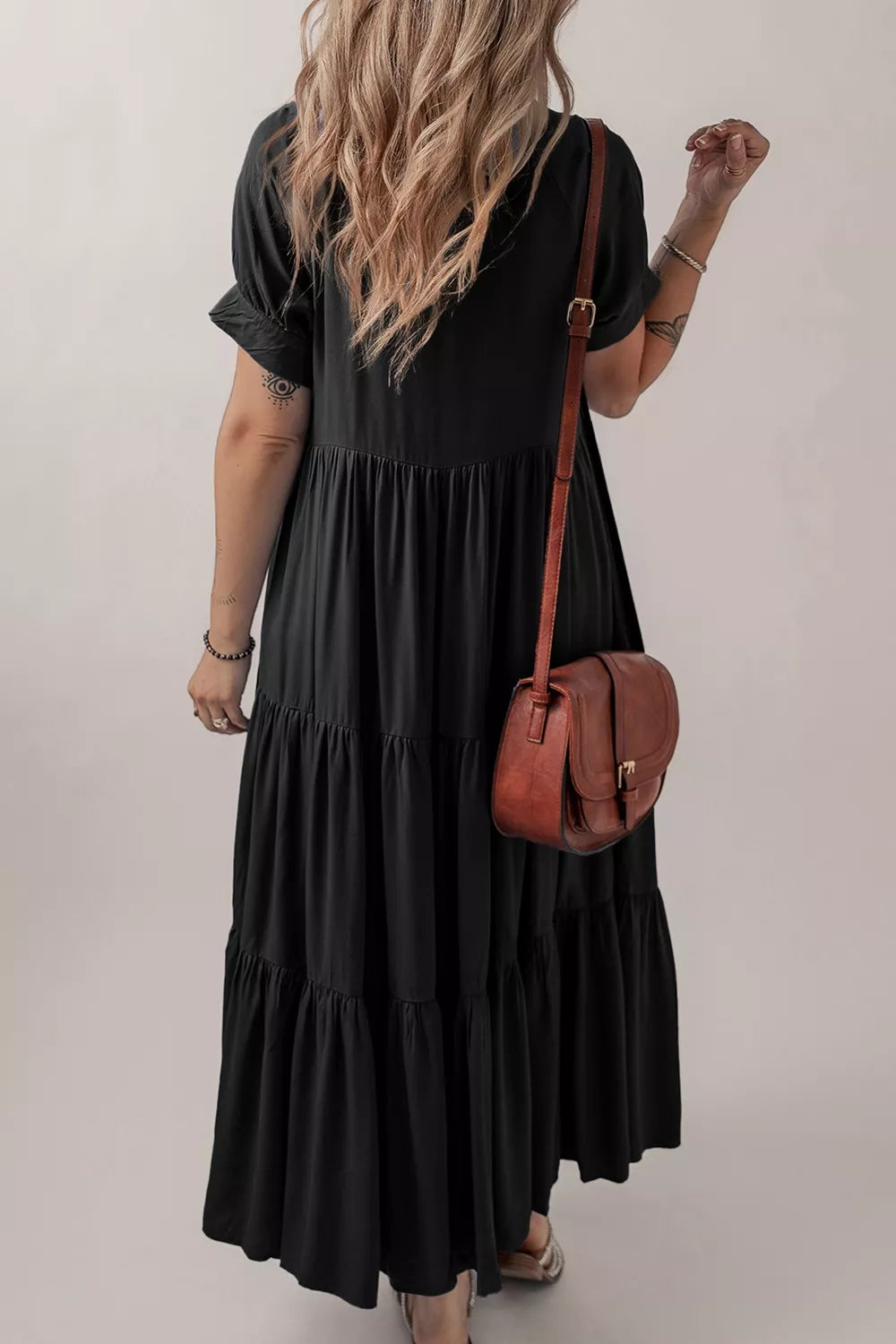 Hidden Buttons Short Sleeve Ruffle Tiered Long Flared Dress