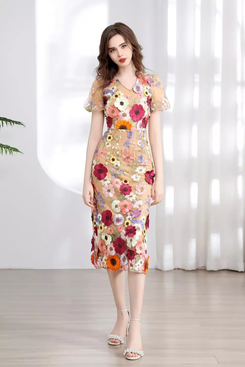 Floral Embroidered Puff Sleeve Midi Dress