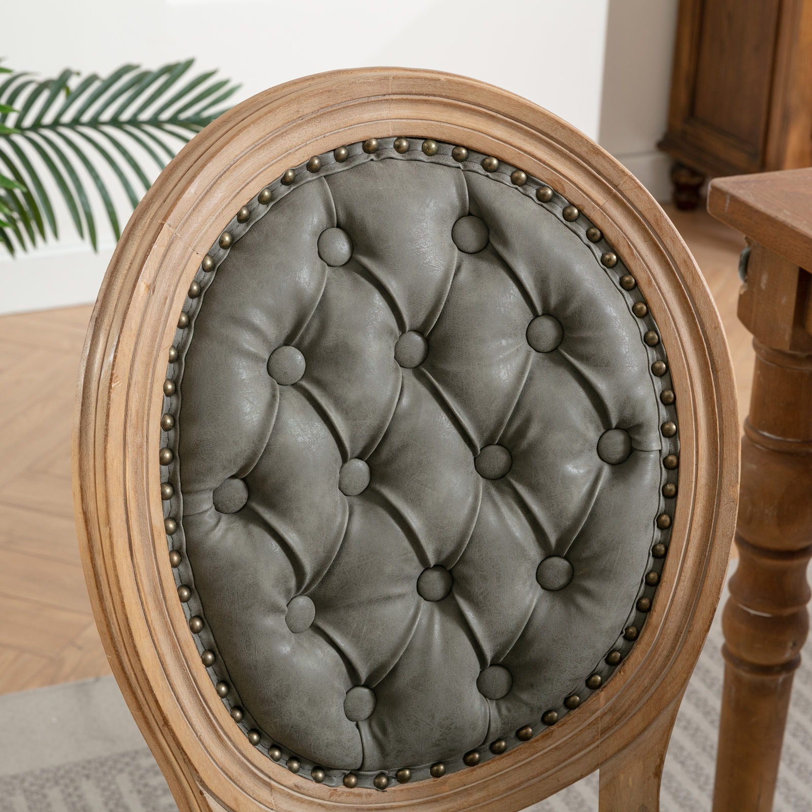French Style Solid Wood Frame Antique Painting, Hand-Pulled Buckle Decoration Artificial Dining Chair With Nailhead Trim, Wood Legs