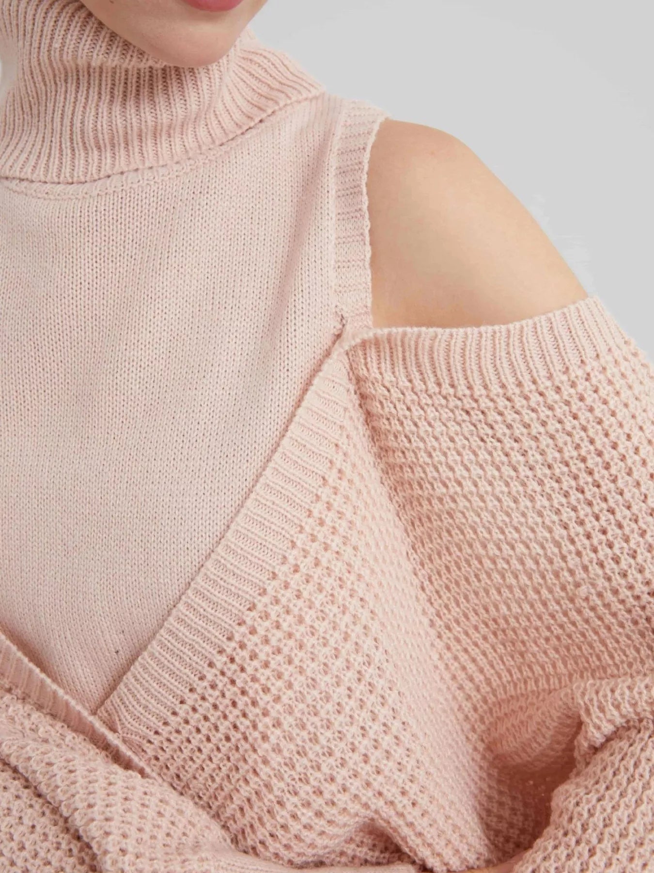 Waffle Knit Cold Shoulder Turtleneck Sweater