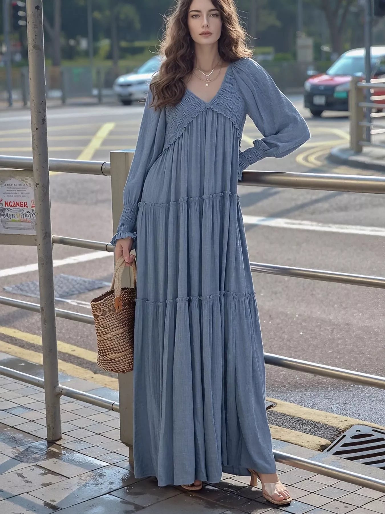 V-Neck Long Sleeve Tiered Maxi Dress