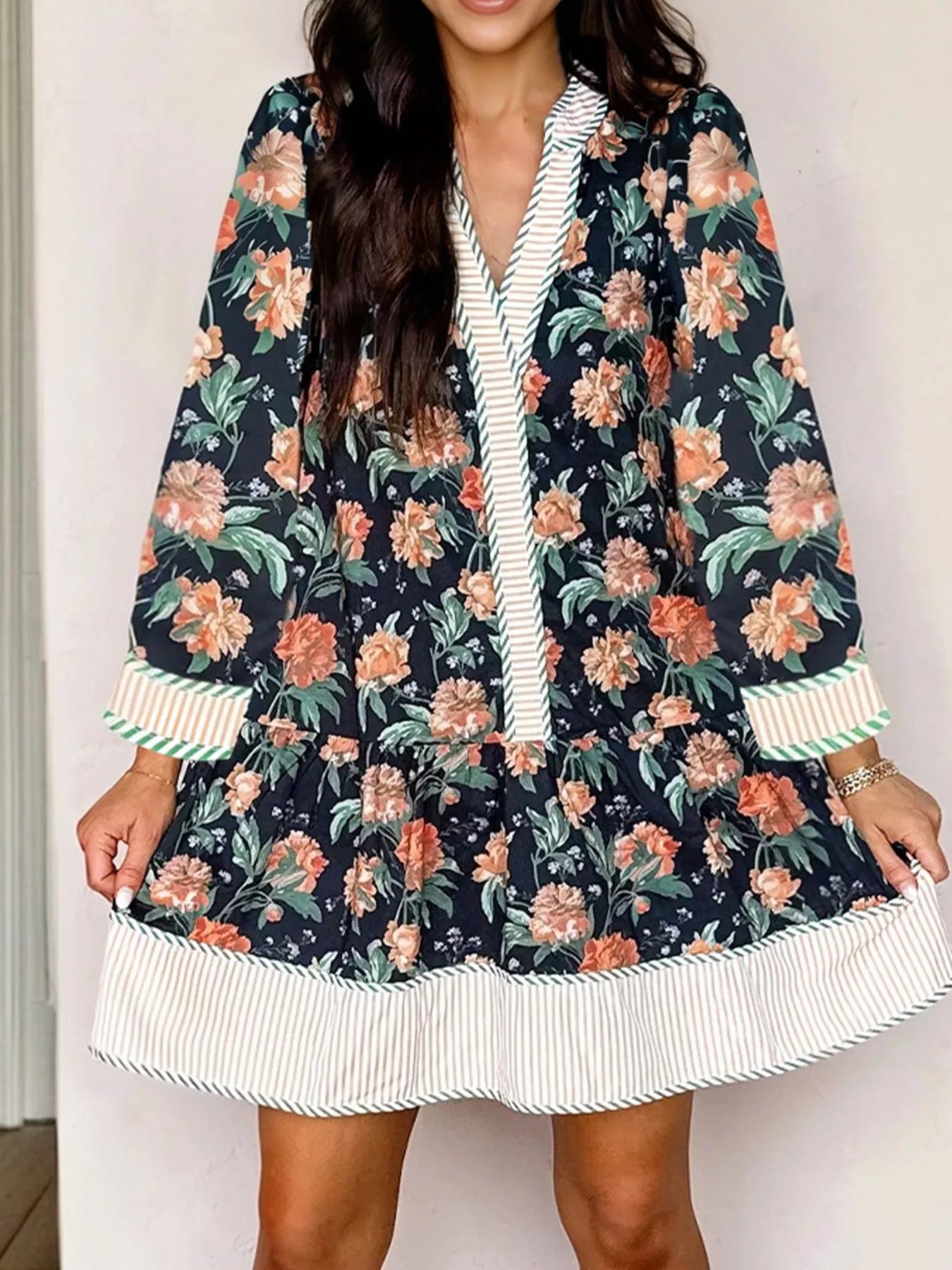 Floral Print Striped Trim V Neck Long Sleeve Ruffle Hem Shift Mini Dress