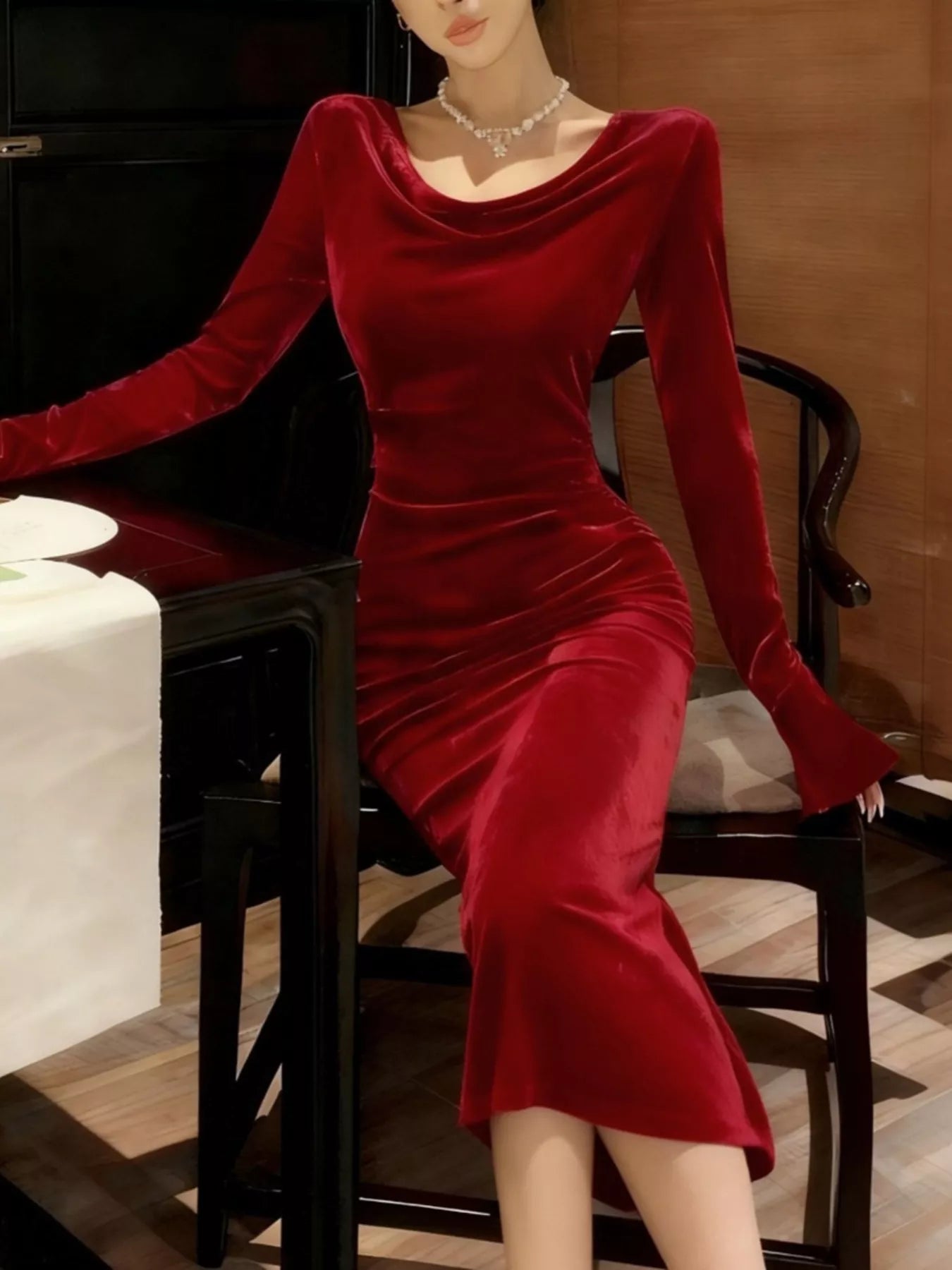 Velvet Cowl Neck Long Sleeve Midi Dress