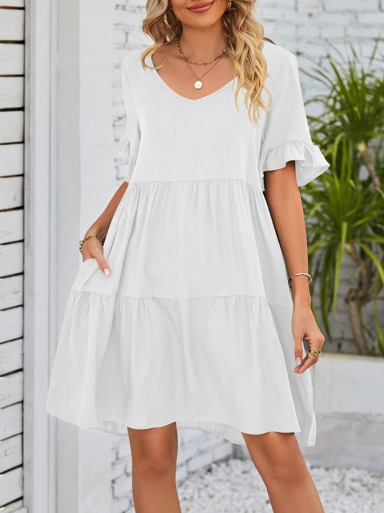 Ruffled Sleeve Tiered Mini Dress