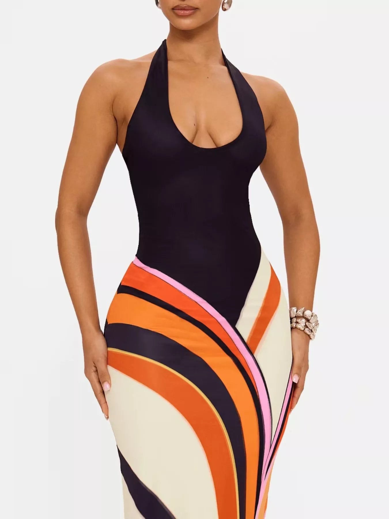 Halter Neck Maxi Dress with Abstract Print