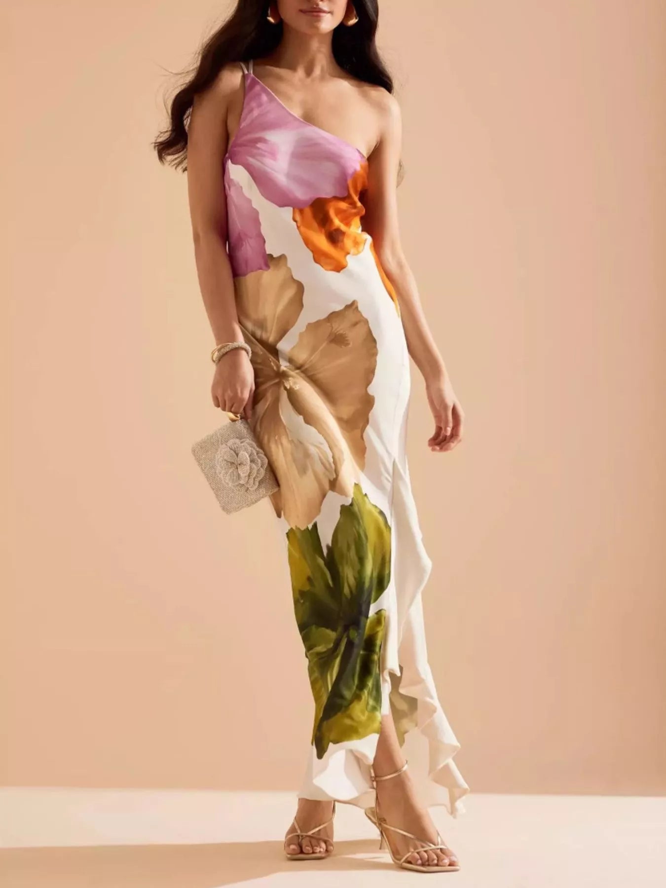 Floral Print One-Shoulder Ruffle Hem Maxi Dress