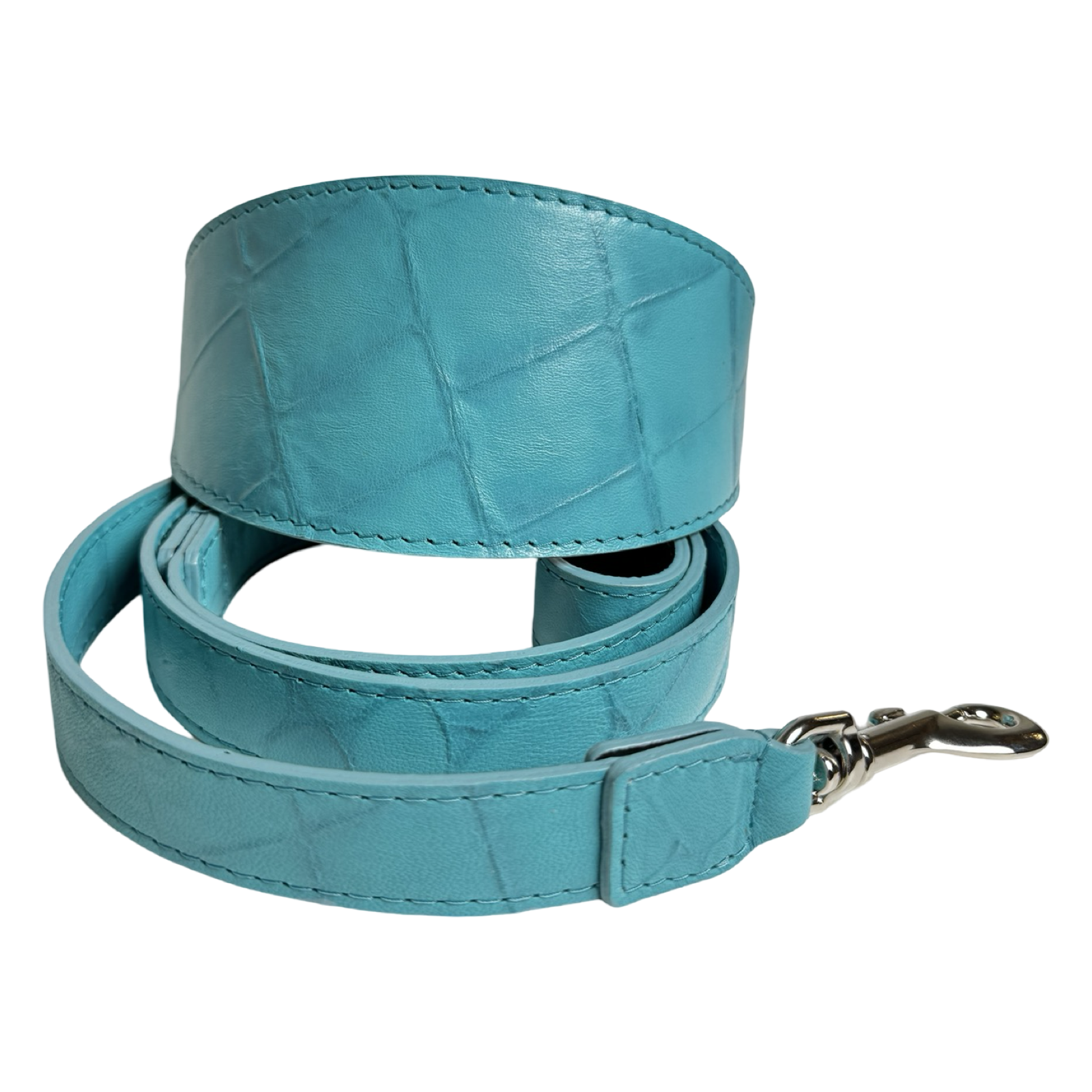The Tiffany Collection. Gorgeous Turquoise Blue Embossed Croc Italian Leather 3” Wide Style Collar, With Silver Hardware