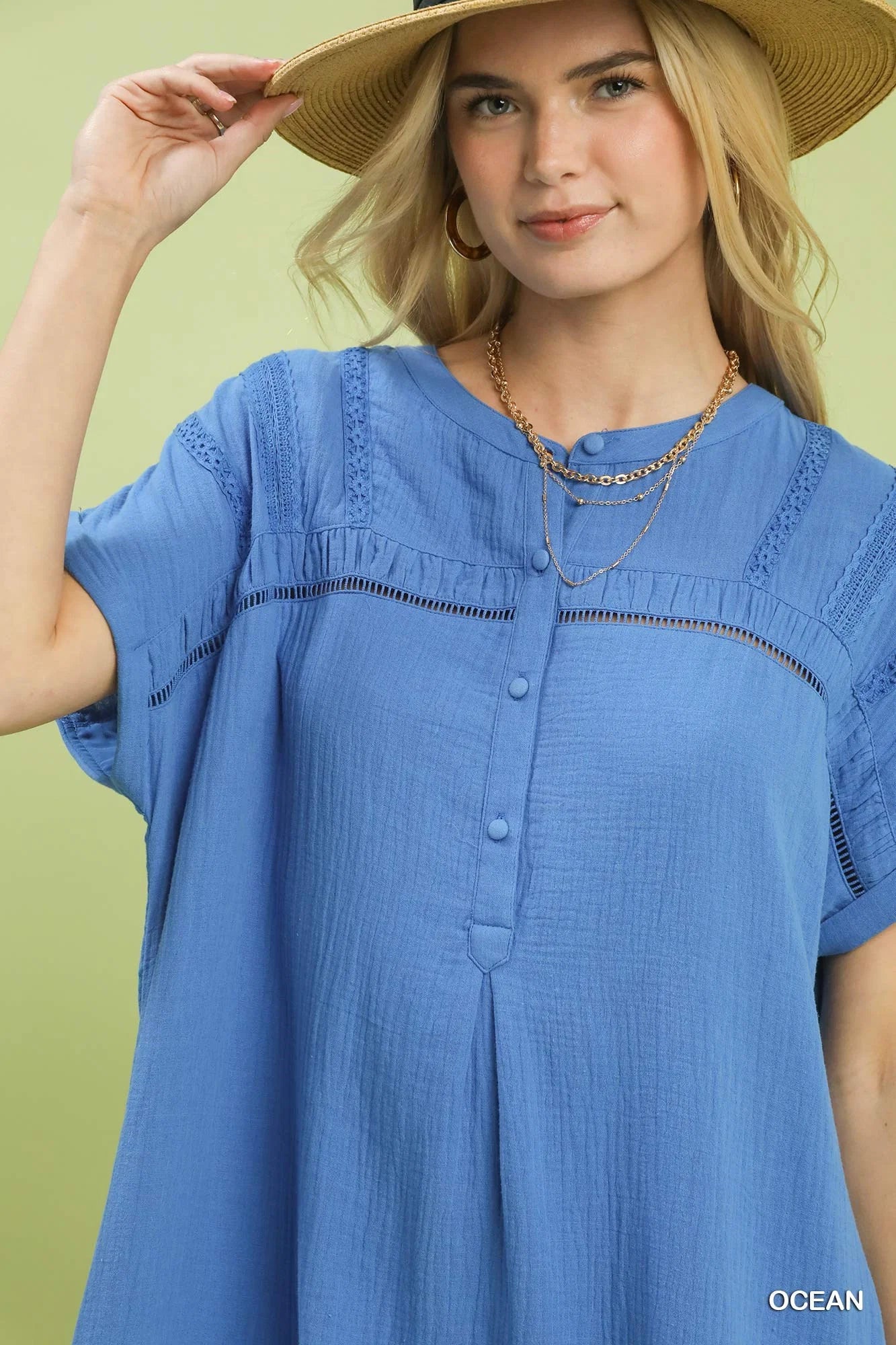 Umgee Button-Front Gauze Midi Dress with Lace Detail