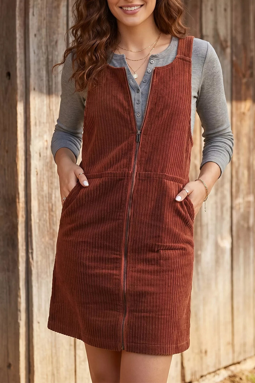 Ribbed Corduroy Zip-Up Sleeveless Pocket Sheath Dress