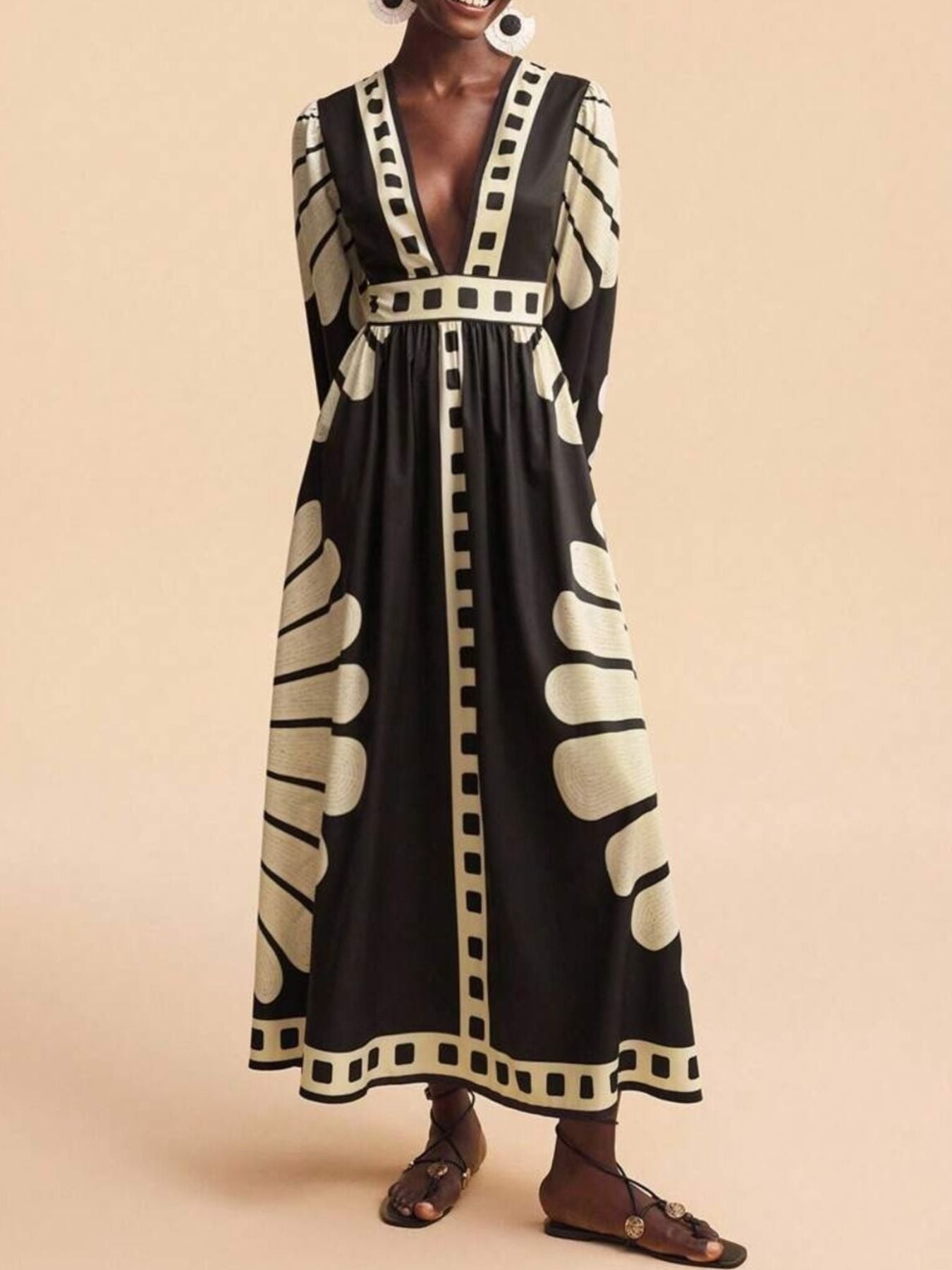 Printed Deep V-Neck Long Sleeve Dress